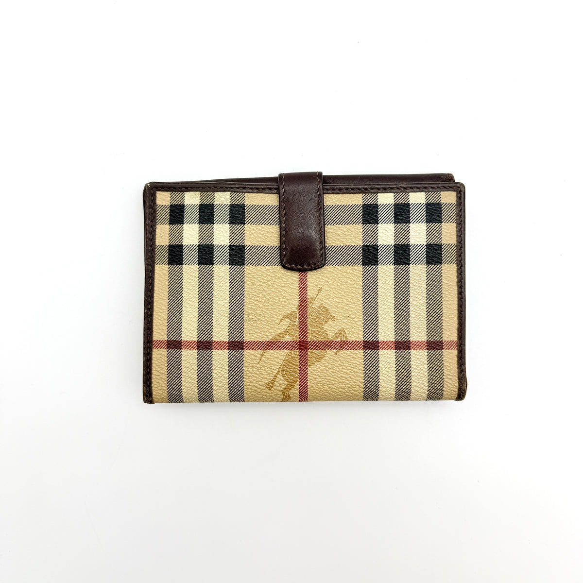 Burberry Nova Check wallet in beige and brown with leather trim and brass buckle detail photographed on white background.