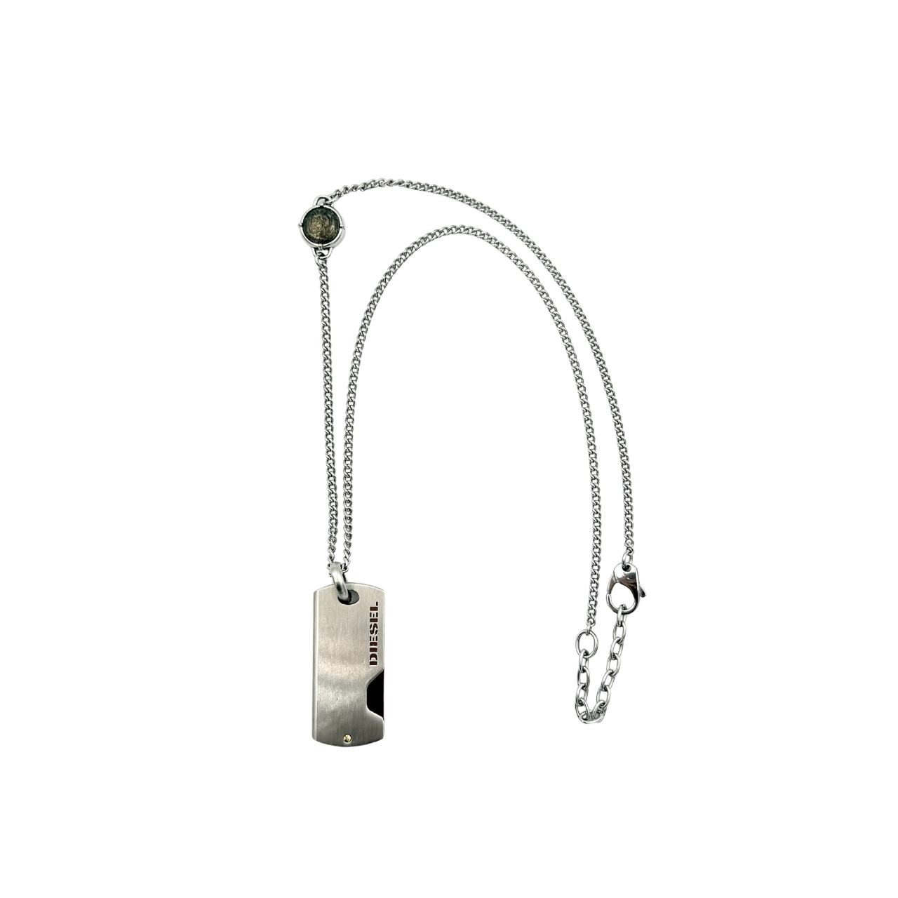 Diesel silver-tone stainless steel dog tag necklace with bronze accent, curb chain, and round detail showcased on a white background.
