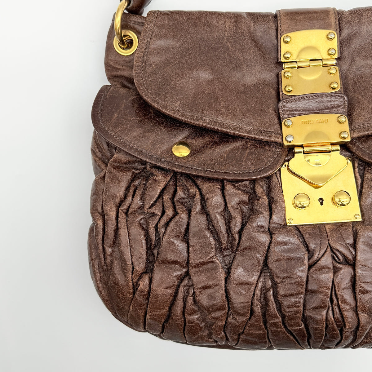 Miu Miu 2Way Matelasse Coffer Hobo Shoulder Bag Dark Brown