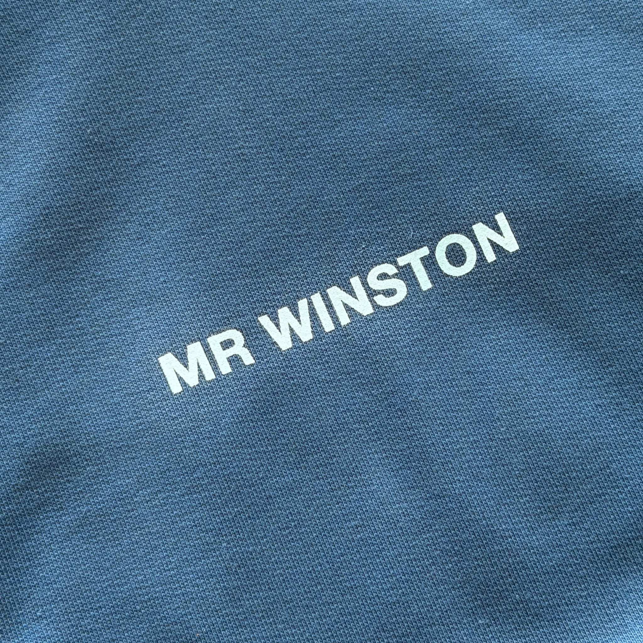 Mr Winston navy hooded sweatshirt with front logo detail, shown laid flat.