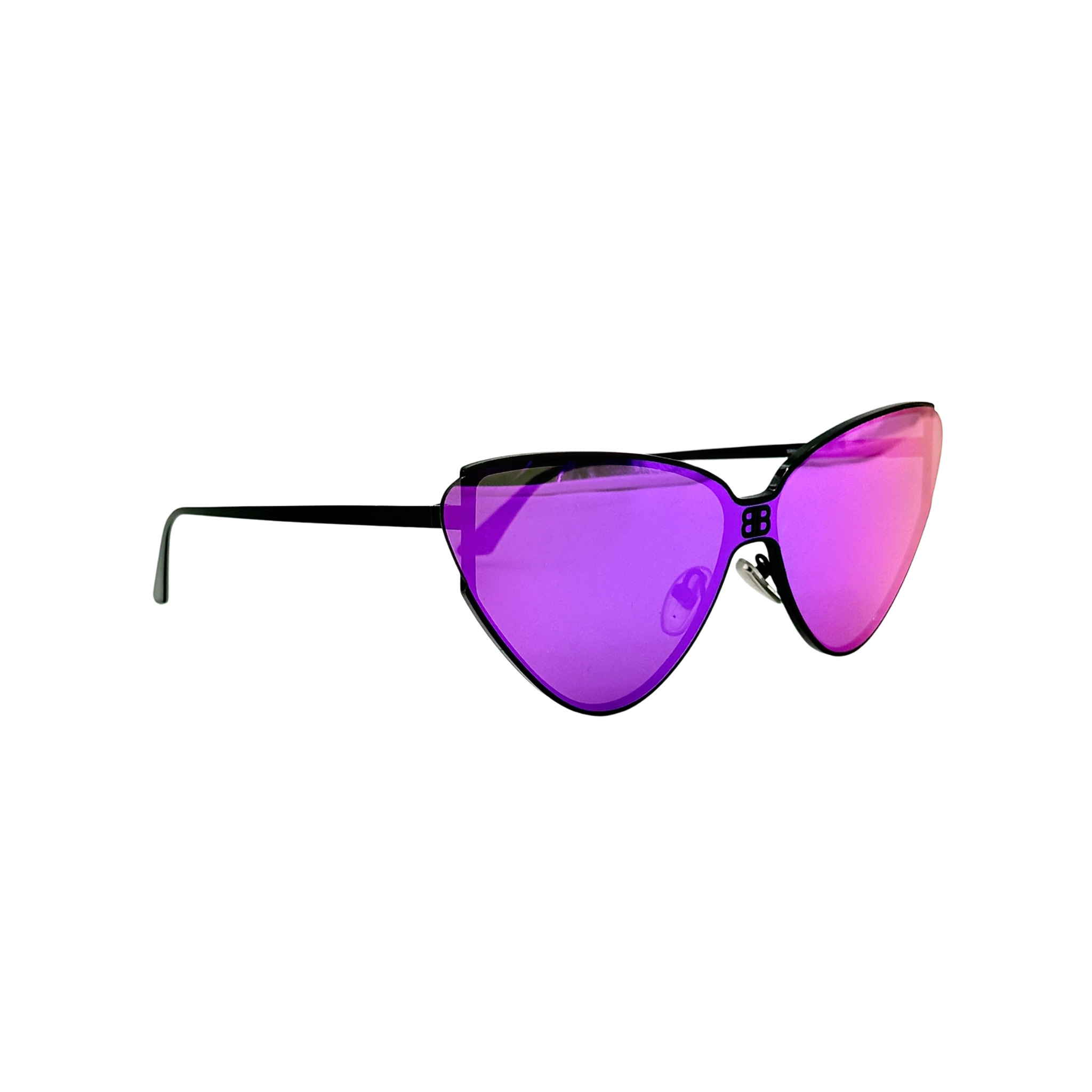 Balenciaga cat-eye sunglasses with purple mirrored lenses and black frame, featuring signature BB logo at the bridge.