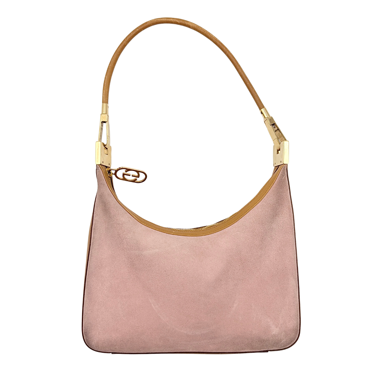 Gucci hobo shoulder bag in blush pink suede with tan leather trim and gold hardware, displayed against a white background.