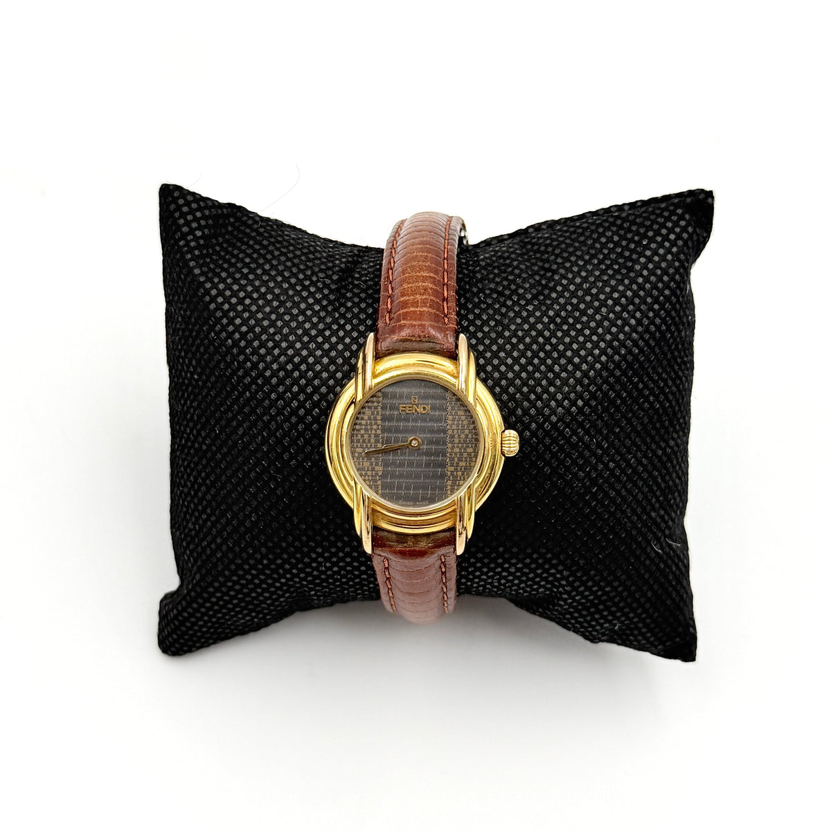 Fendi 350L Orologi Quartz Watch in gold with brown leather strap, displayed with original box and booklet.
