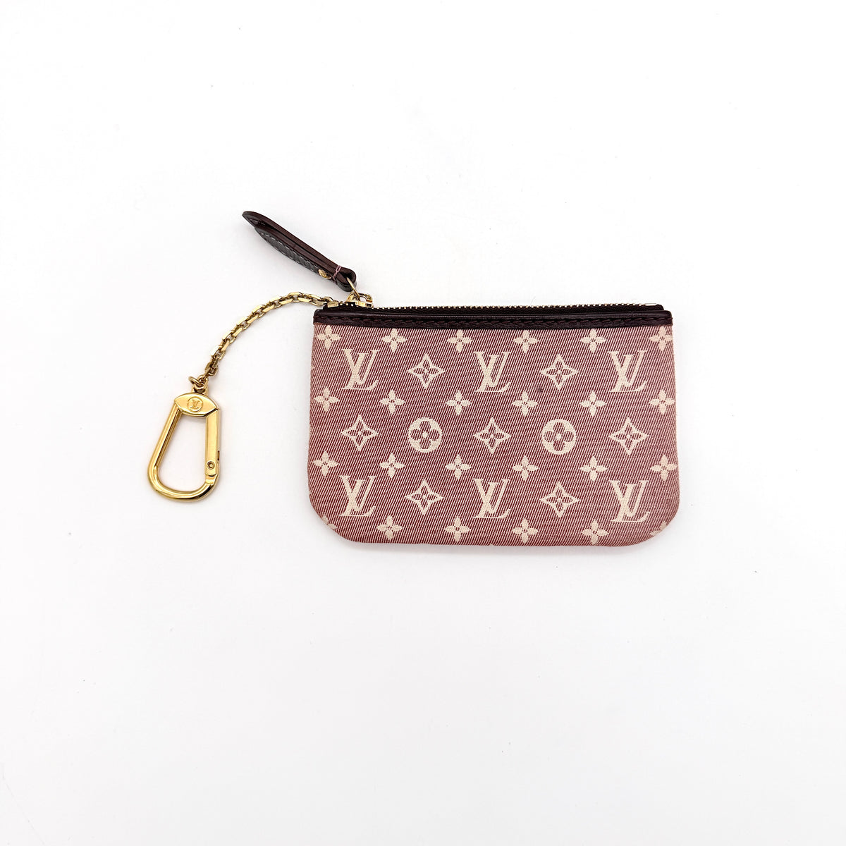 Louis Vuitton Monogram Idylle Pochette Cles Coin Case in sepia pink canvas with gold-tone hardware and monogram pattern.
