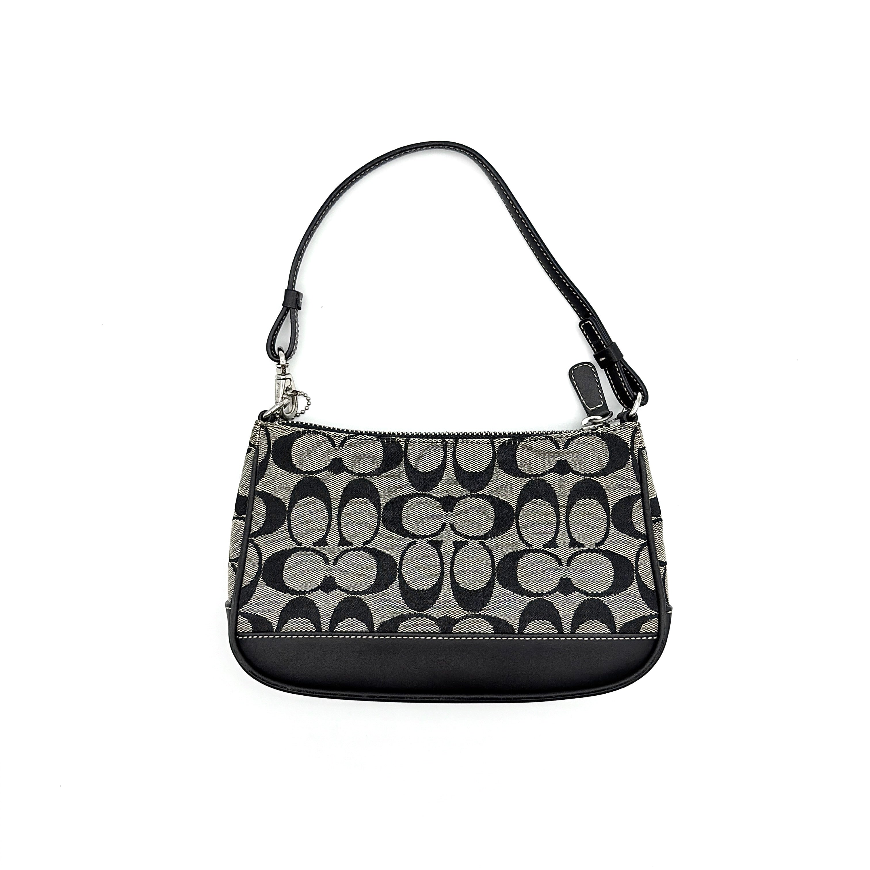 Coach Y2K Demi Shoulder Bag in grey and black signature jacquard with leather trim and silver hardware.