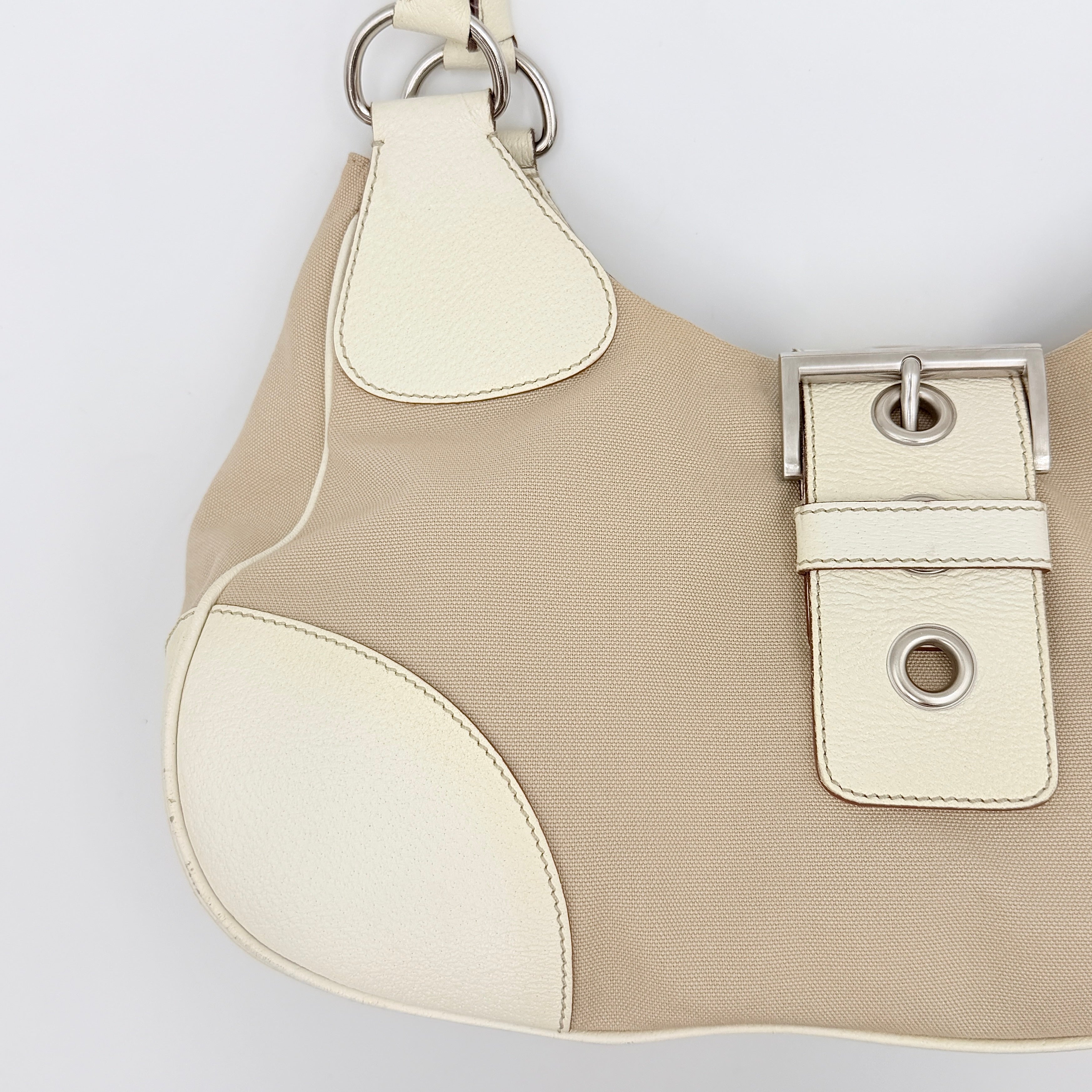 Prada Enamelled Moon Shoulder Bag Beige/Cream