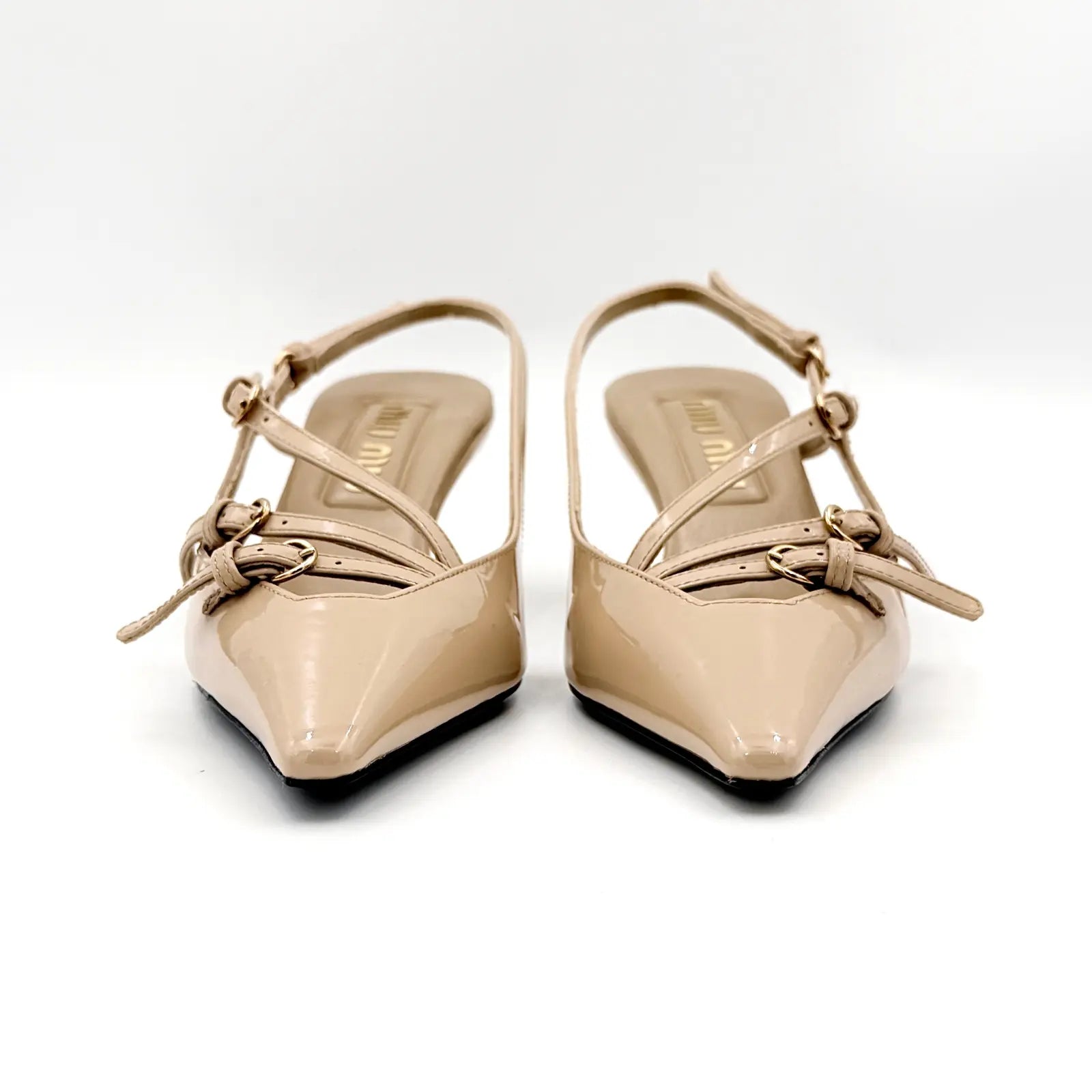 (34) Miu Miu Buckled Patent Slingback Pumps Heels Beige