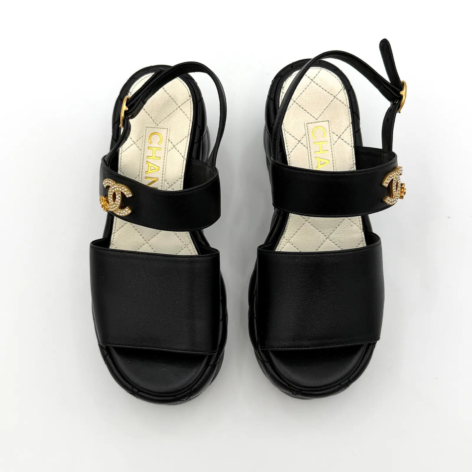 (EU34C) Chanel CC Quilted Leather Wedge Platform Sandals Black