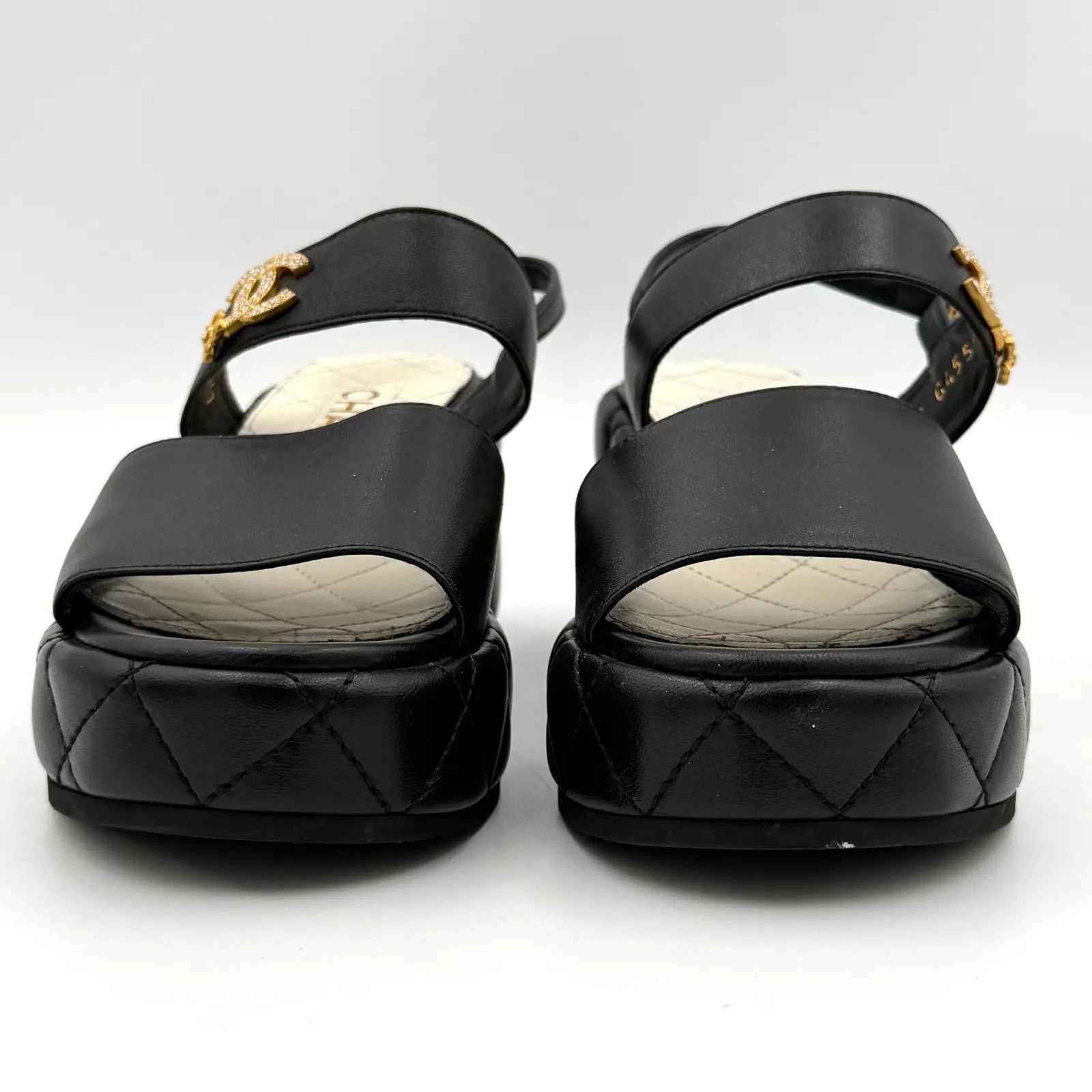 (EU34C) Chanel CC Quilted Leather Wedge Platform Sandals Black
