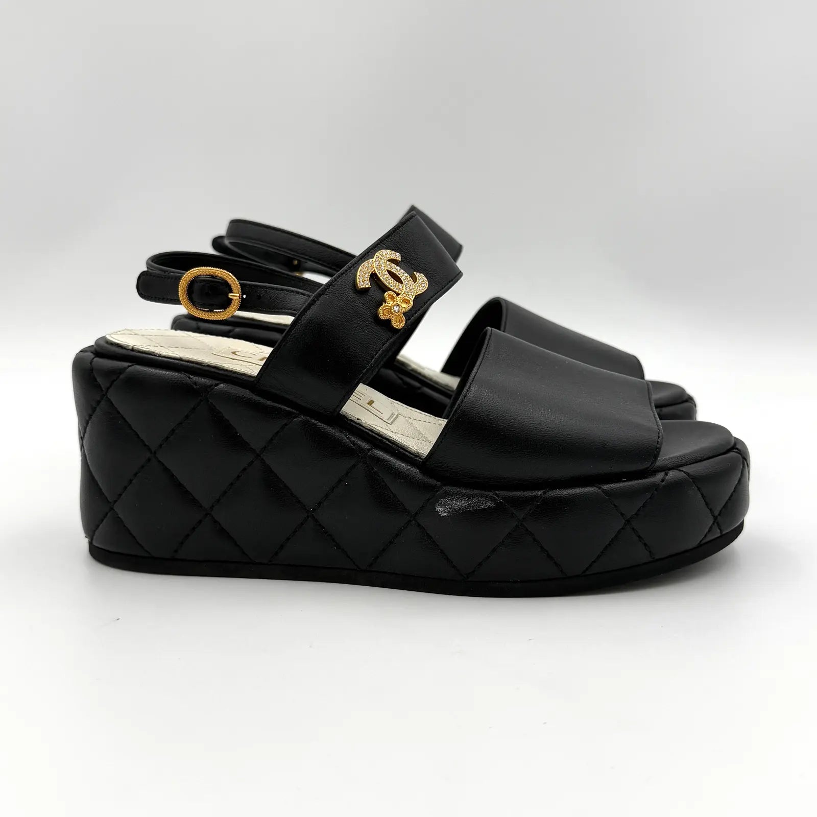 (EU34C) Chanel CC Quilted Leather Wedge Platform Sandals Black