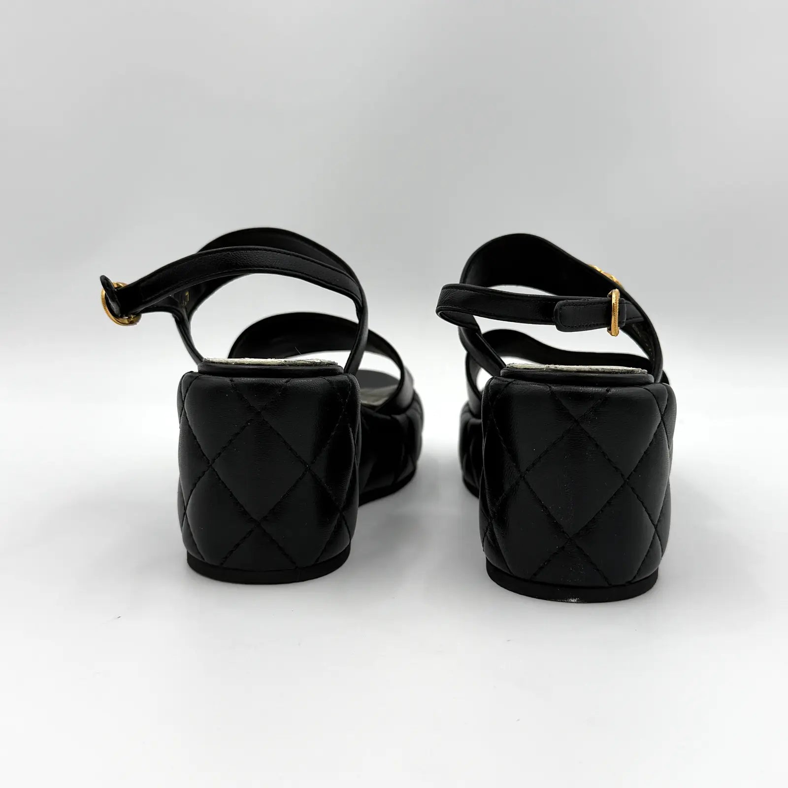 (EU34C) Chanel CC Quilted Leather Wedge Platform Sandals Black