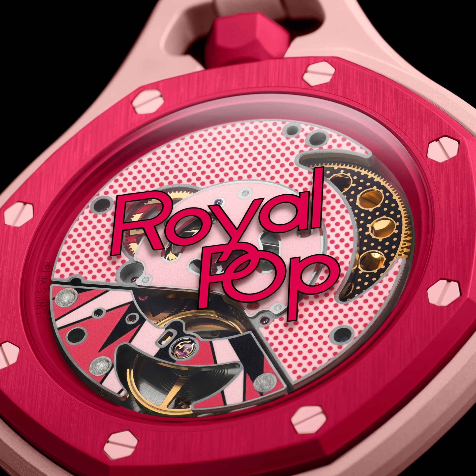 Swatch x Audemars Piguet Royal Pop Otto Rosso pendant watch in pink and red on a soft pink strap, featuring graphic dial details.