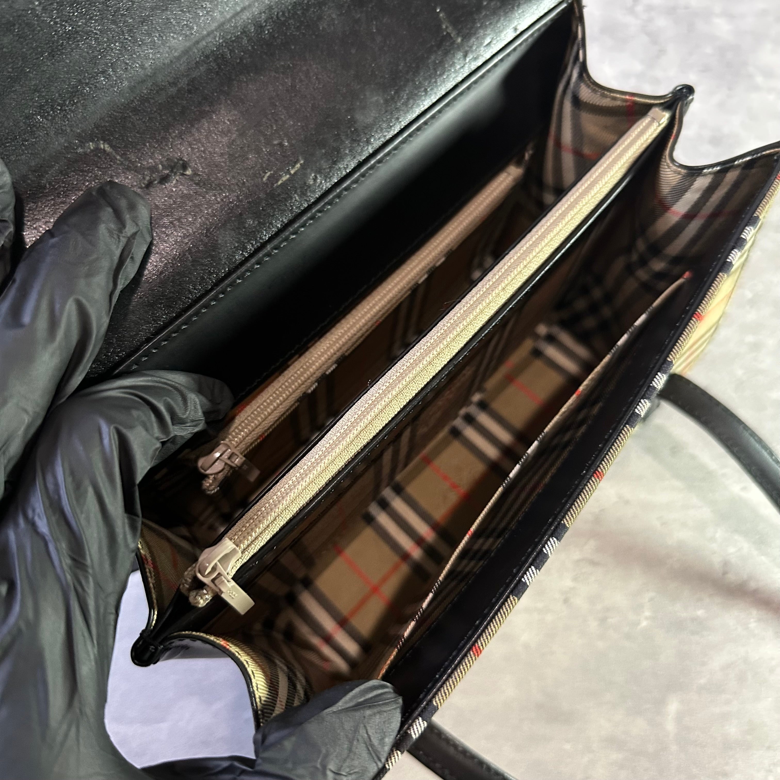 Burberry Nova Check Logo Canvas Leather Handbag