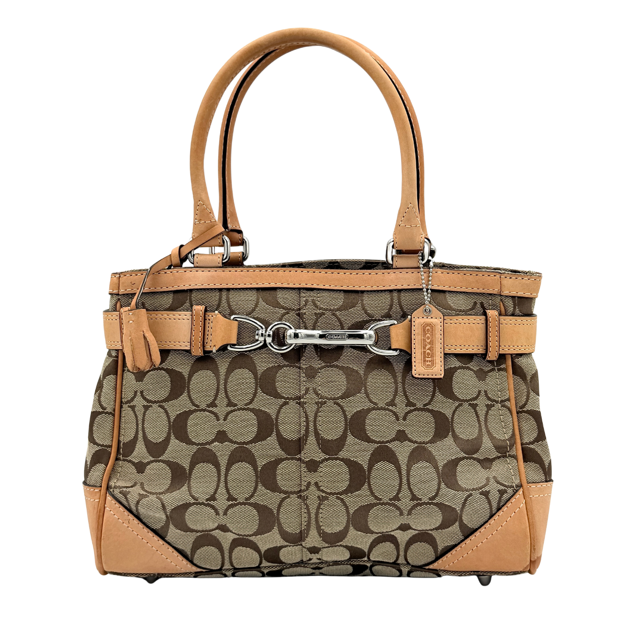 Coach Signature Hampton Clip Shoulder Bag in beige and brown jacquard canvas with leather trim and silver-tone hardware, displayed upright with twin handles.