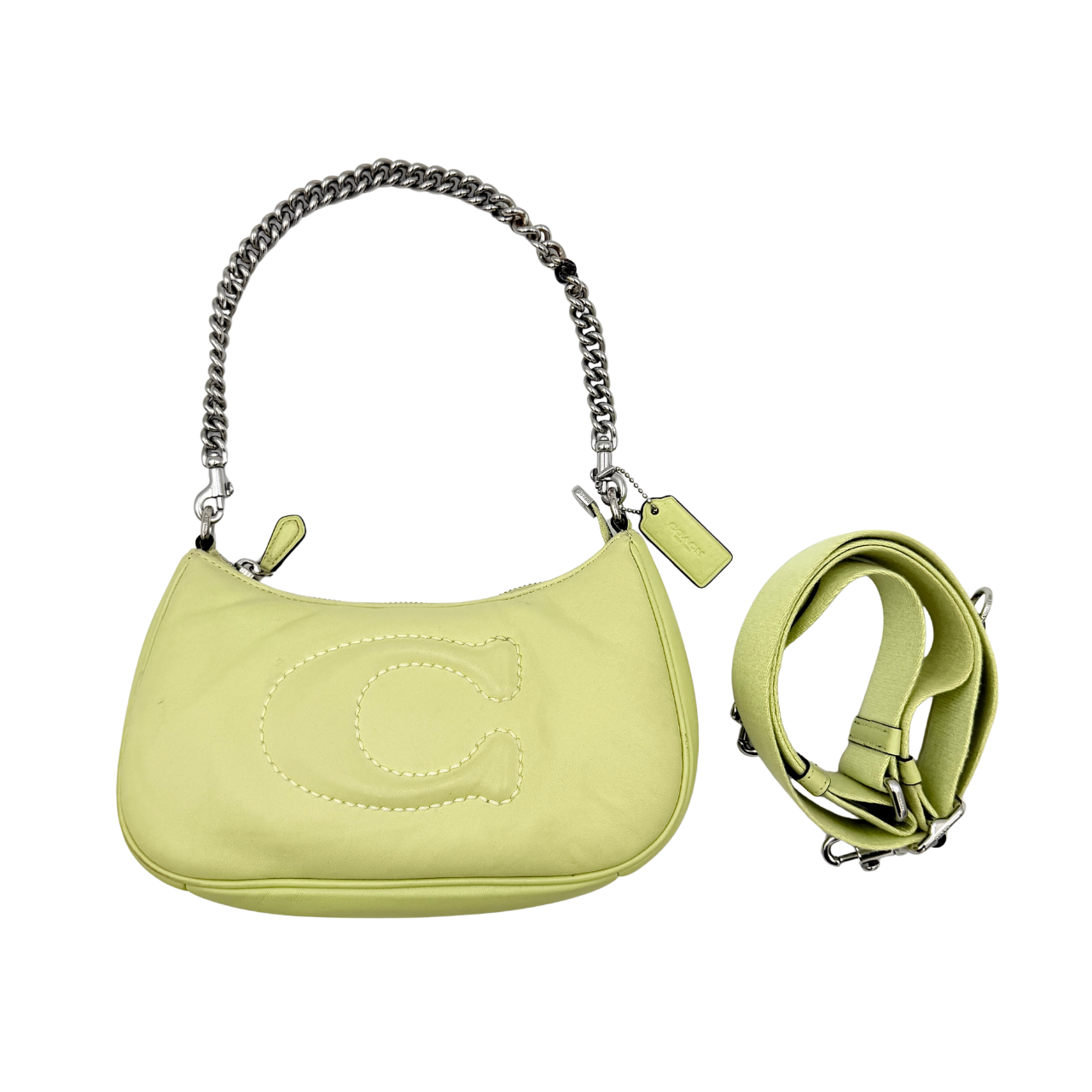 Coach 2Way C Teri Quilted Shoulder Bag in pastel green leather with oversized chain handle and detachable strap, displayed against a clean background.