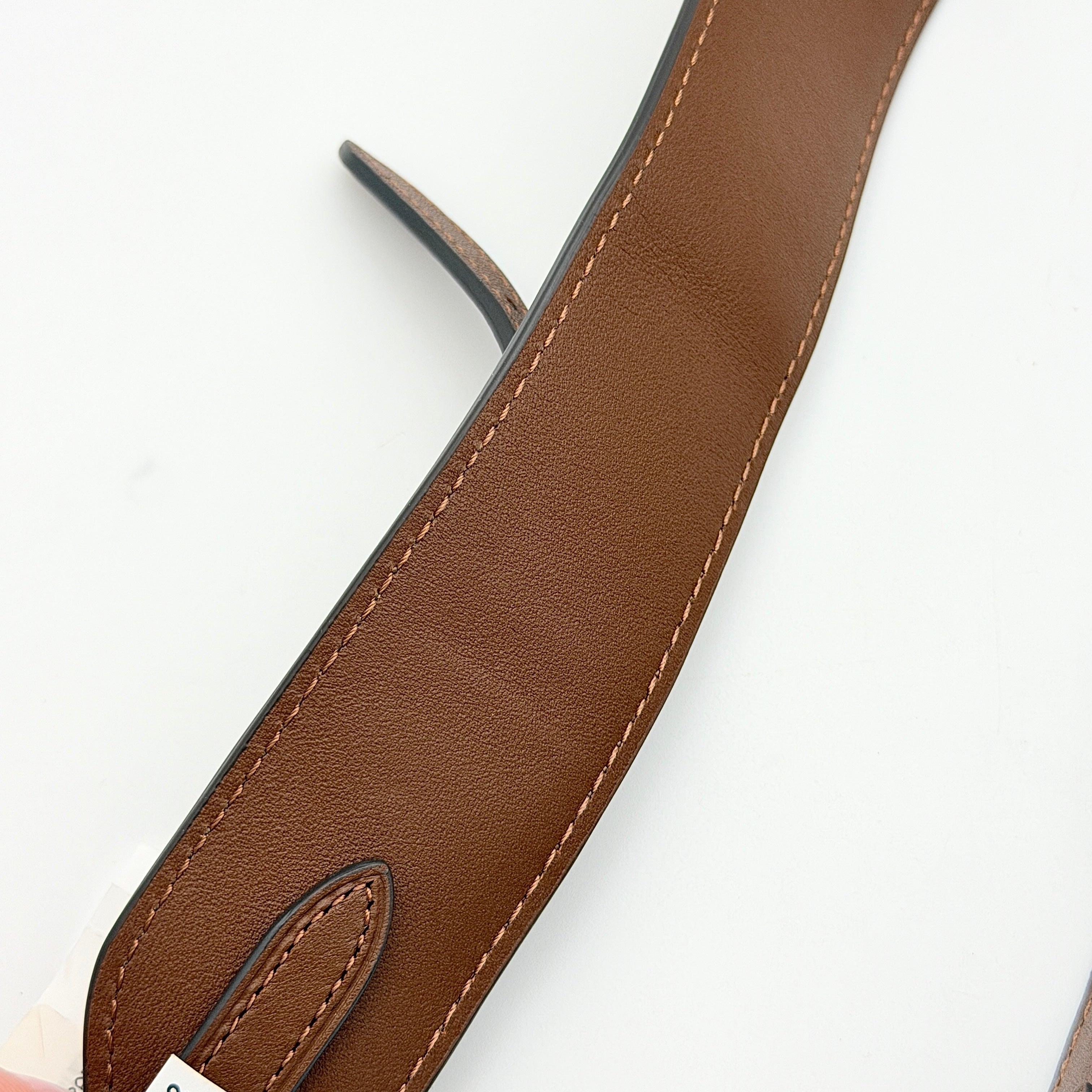 Coach Signature Canvas strap in brown with gold-tone hardware and monogram pattern, shown with Coach dust bag.