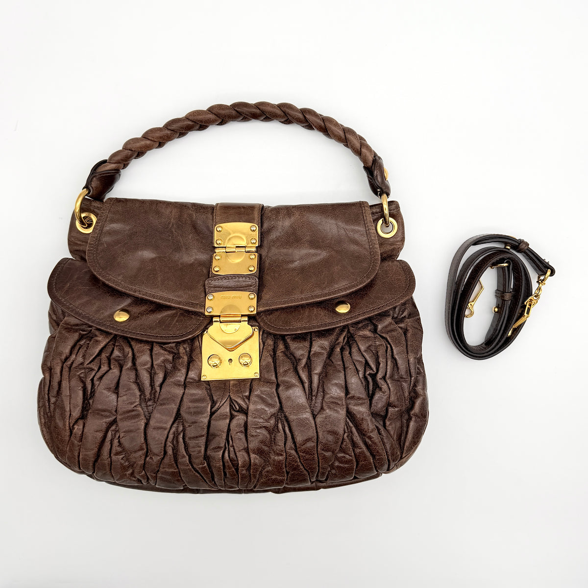 Miu Miu 2Way Matelasse Coffer Hobo Shoulder Bag Dark Brown