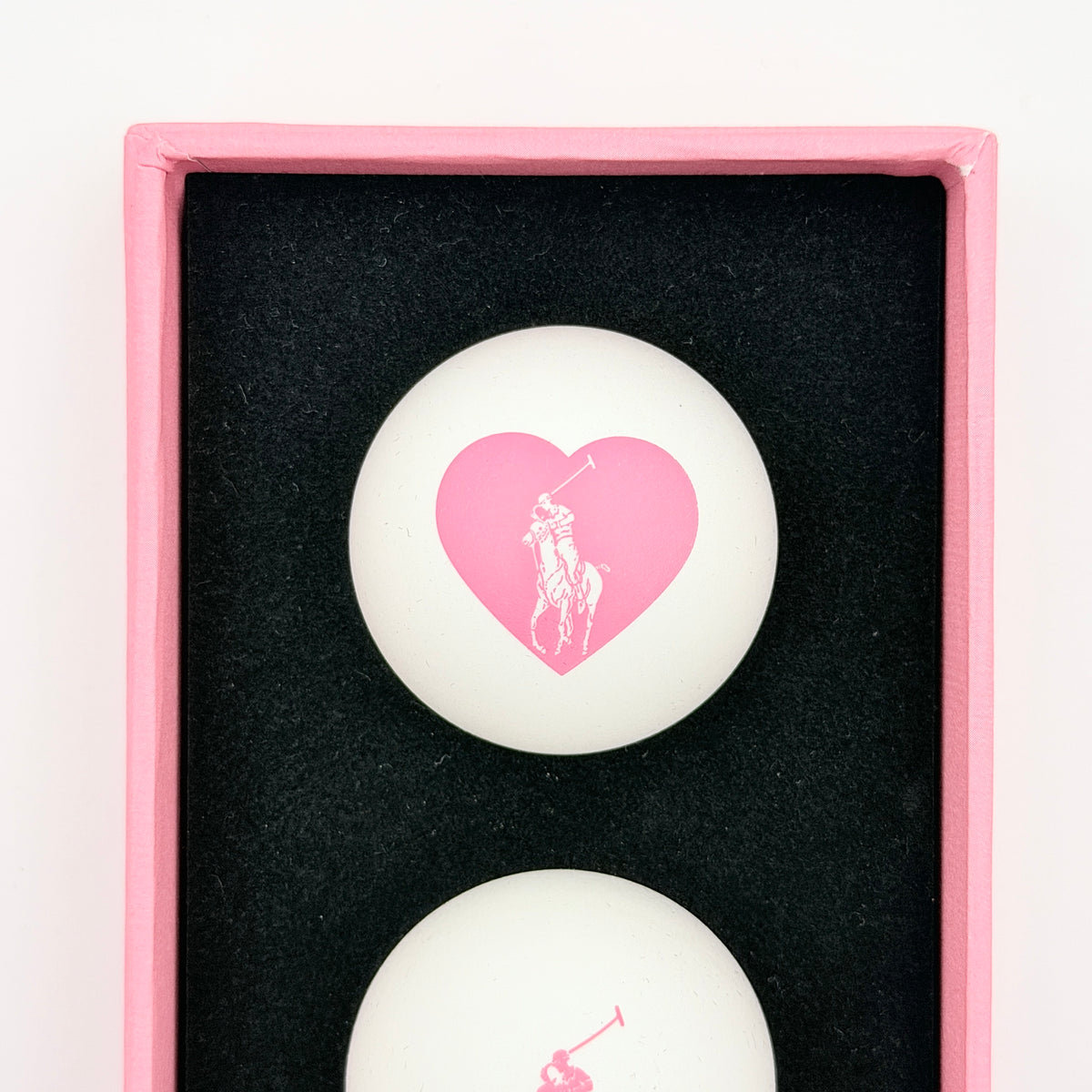 Ralph Lauren Pink Pony table tennis balls set of three, presented in a pink gift box with signature Polo designs.