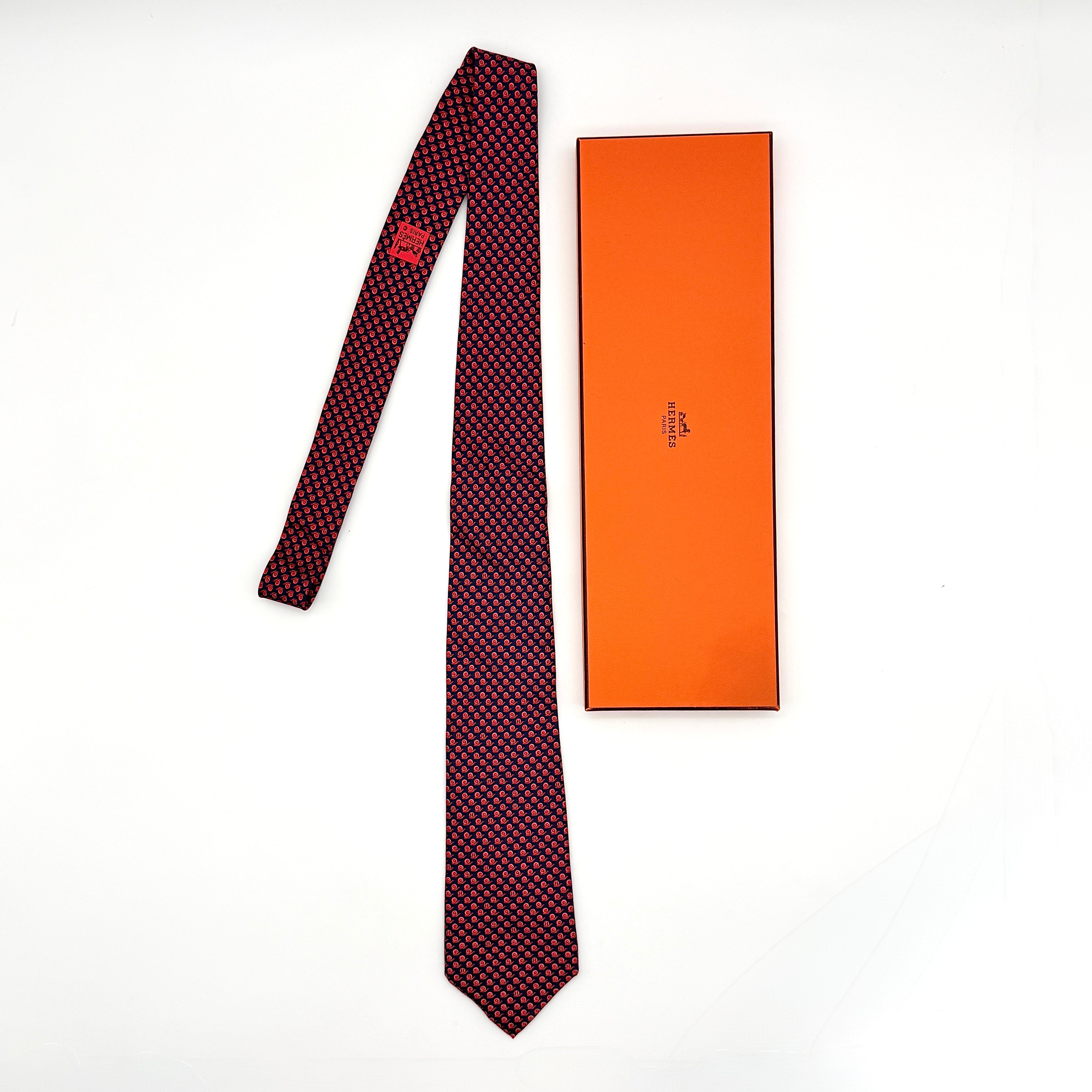 Hermès Snail Print Silk Tie Red/Navy Blue