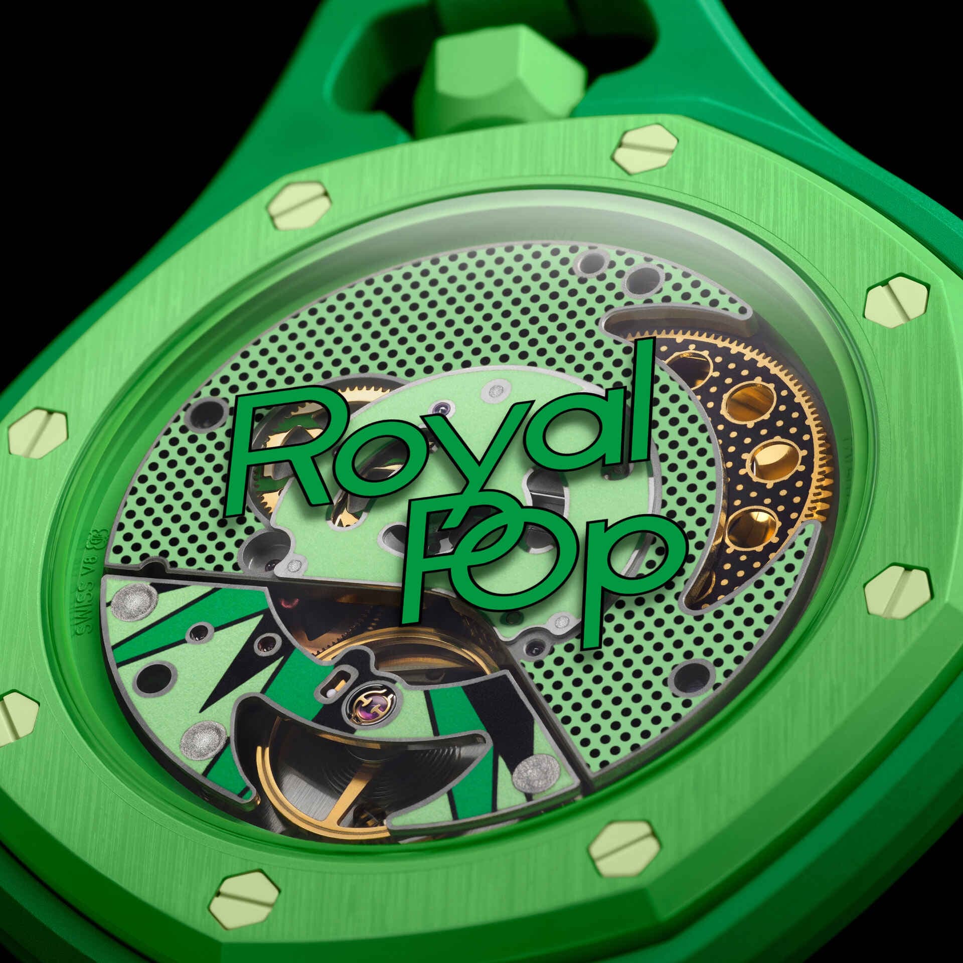 Front view of the Swatch x Audemars Piguet Royal Pop Green Eight with green octagonal case and lanyard.