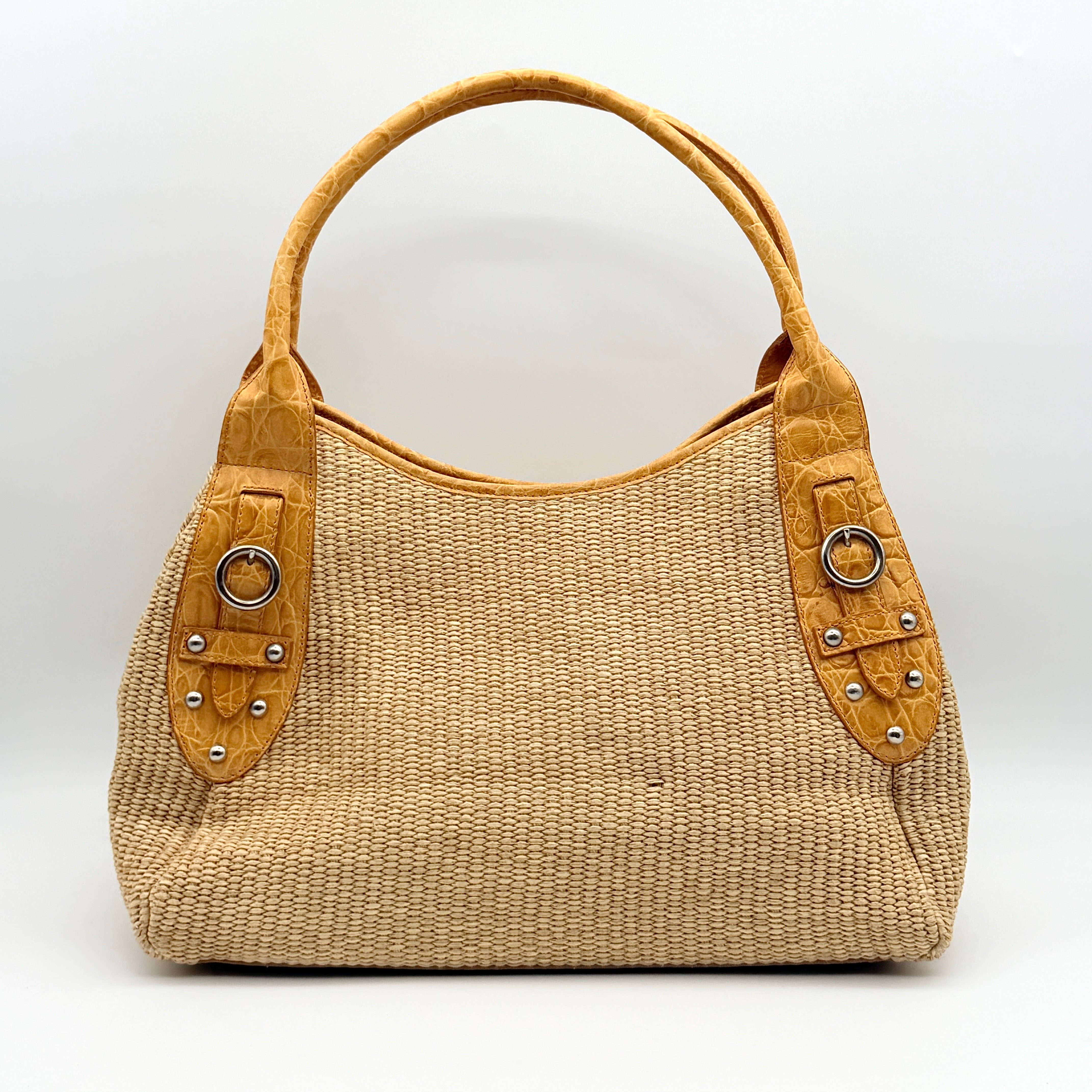 Furla Raffia Leather Tote Bag Tan
