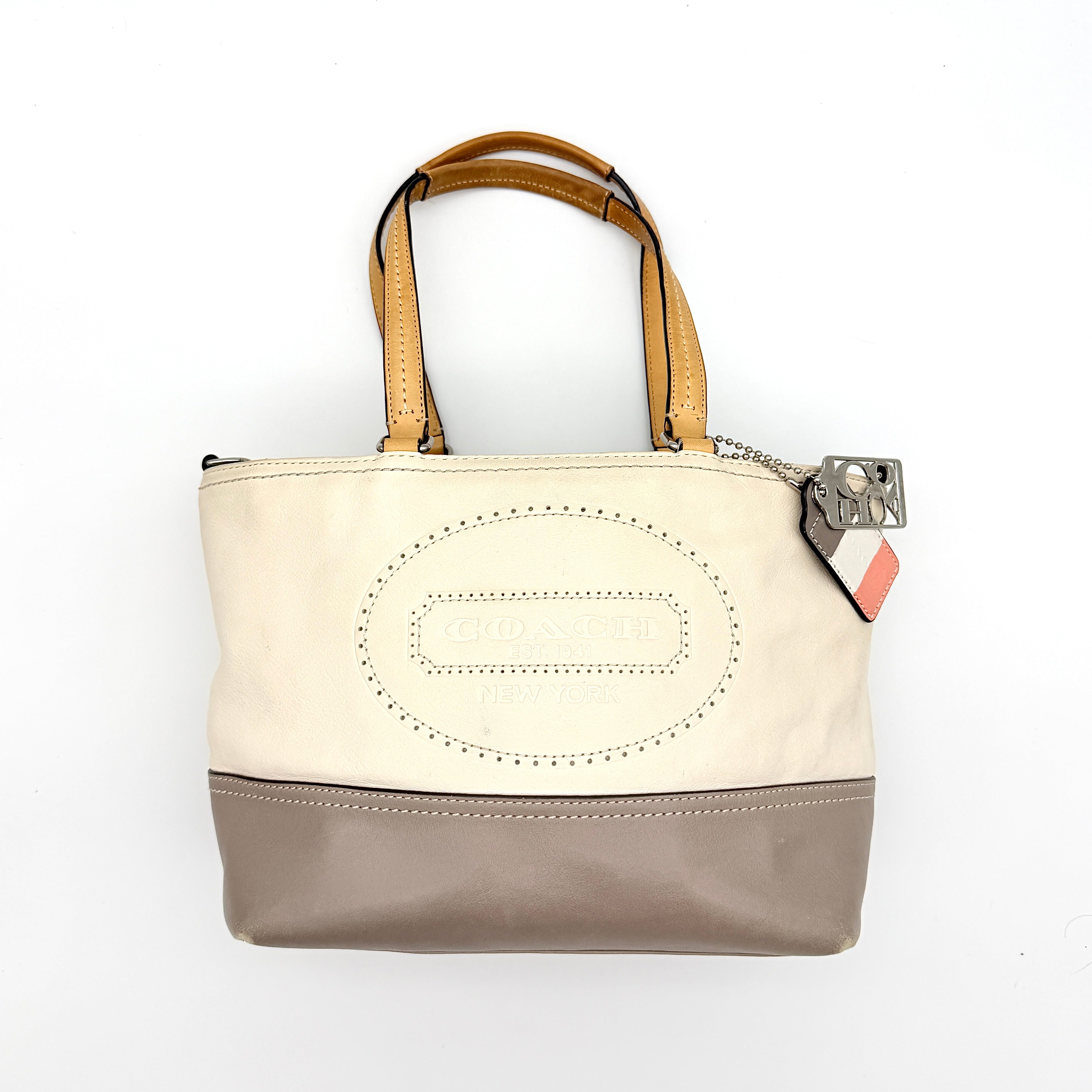 Coach Hampton Weekend Perforated Leather Tote Bag Cream/Grey