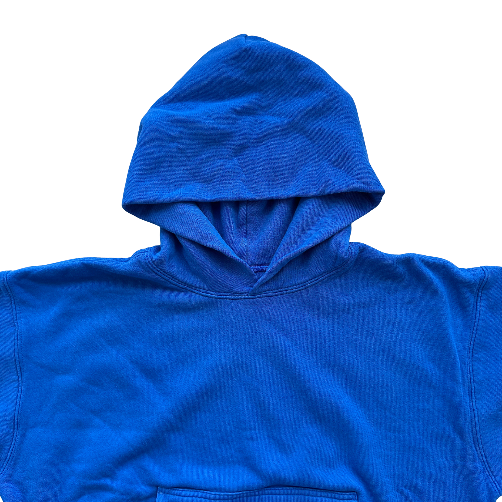 Yeezy x Gap hoodie in vivid blue with a relaxed fit and front pocket, presented by Elevated Studios.