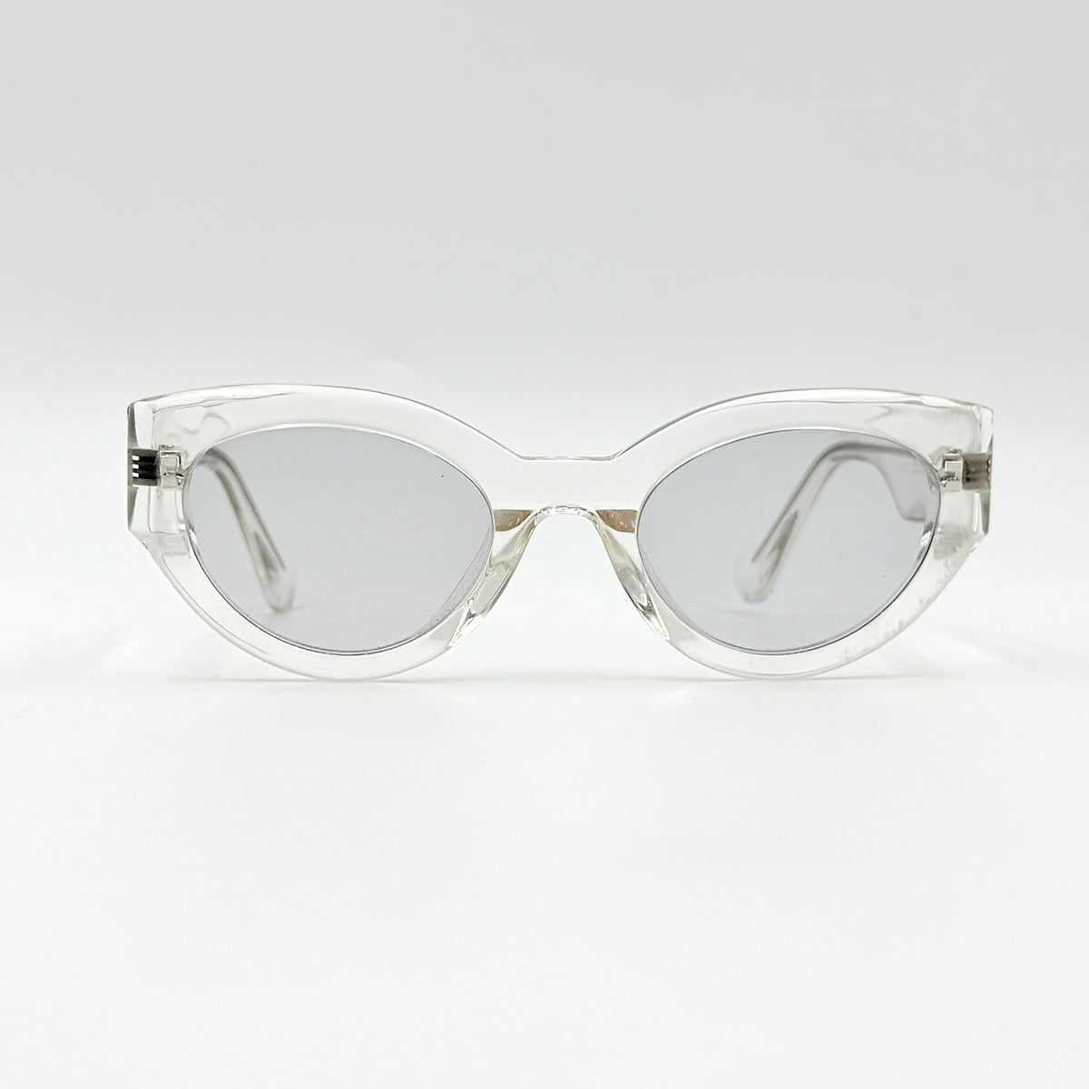 Gentle Monster Tazi transparent sunglasses with grey lenses and clear acetate frame, softly styled alongside the branded case.