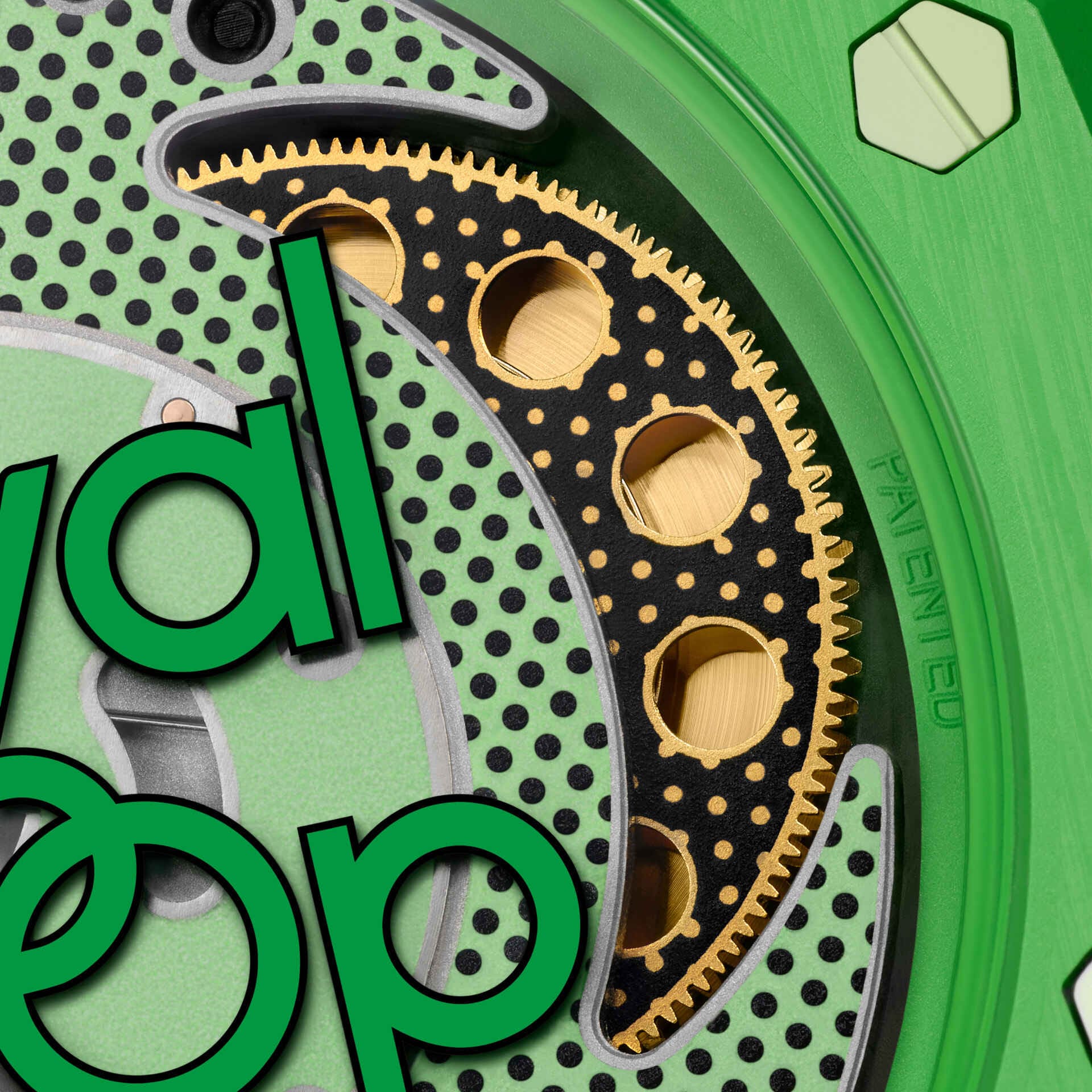 Front view of the Swatch x Audemars Piguet Royal Pop Green Eight with green octagonal case and lanyard.