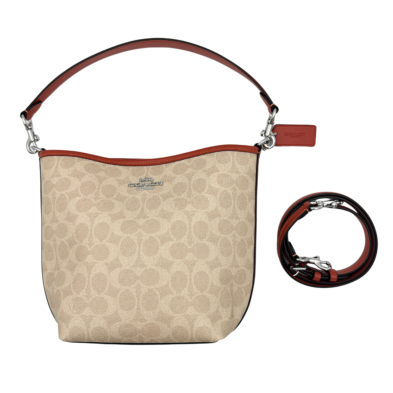 Coach 2Way City Bucket Shoulder Bag in beige signature canvas with red leather accents, detachable strap, and silver-tone hardware.