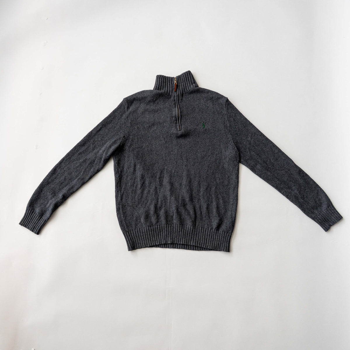 Dark grey Polo Ralph Lauren quarter zip mockneck pullover sweater with ribbed collar and green pony logo.