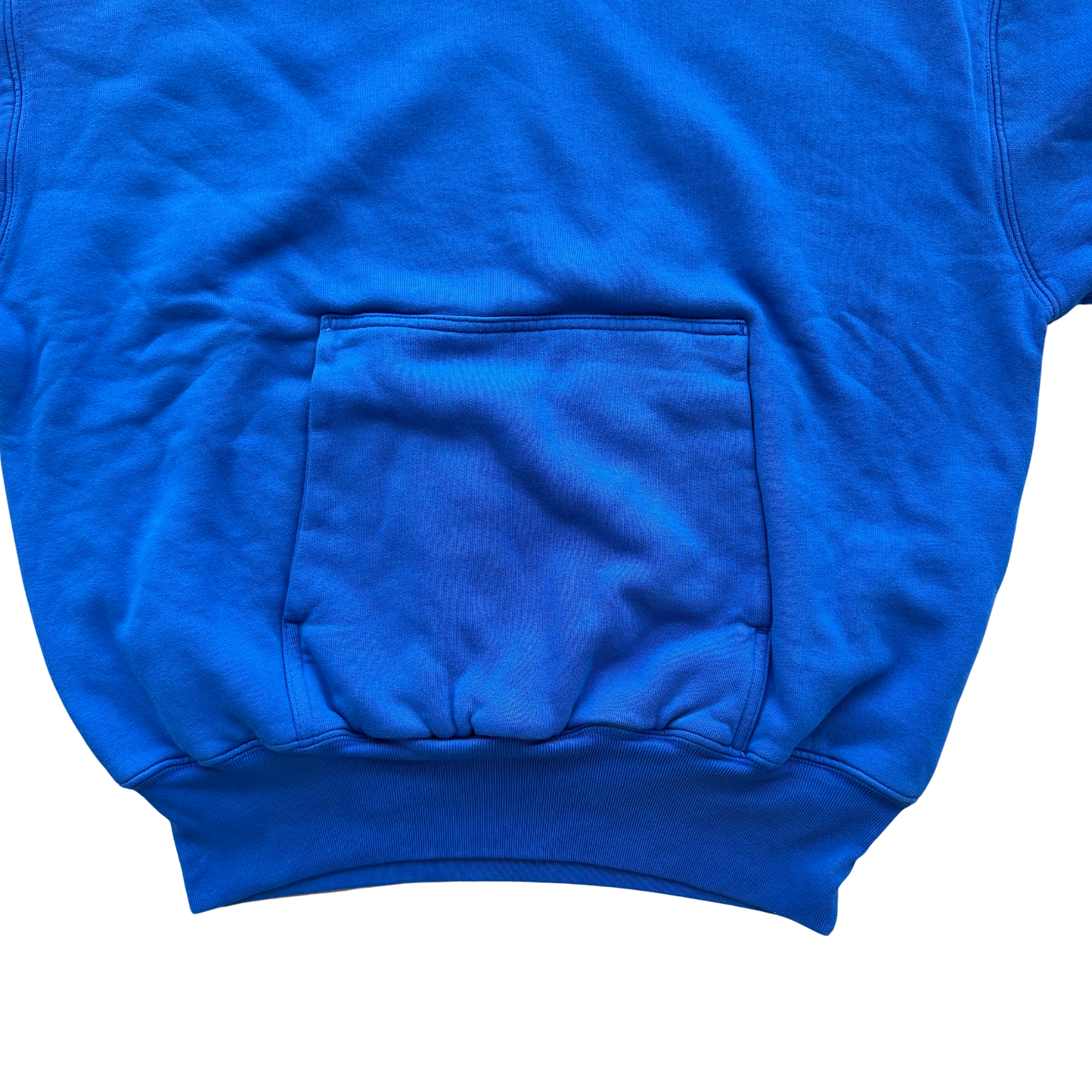 Yeezy x Gap hoodie in vivid blue with a relaxed fit and front pocket, presented by Elevated Studios.