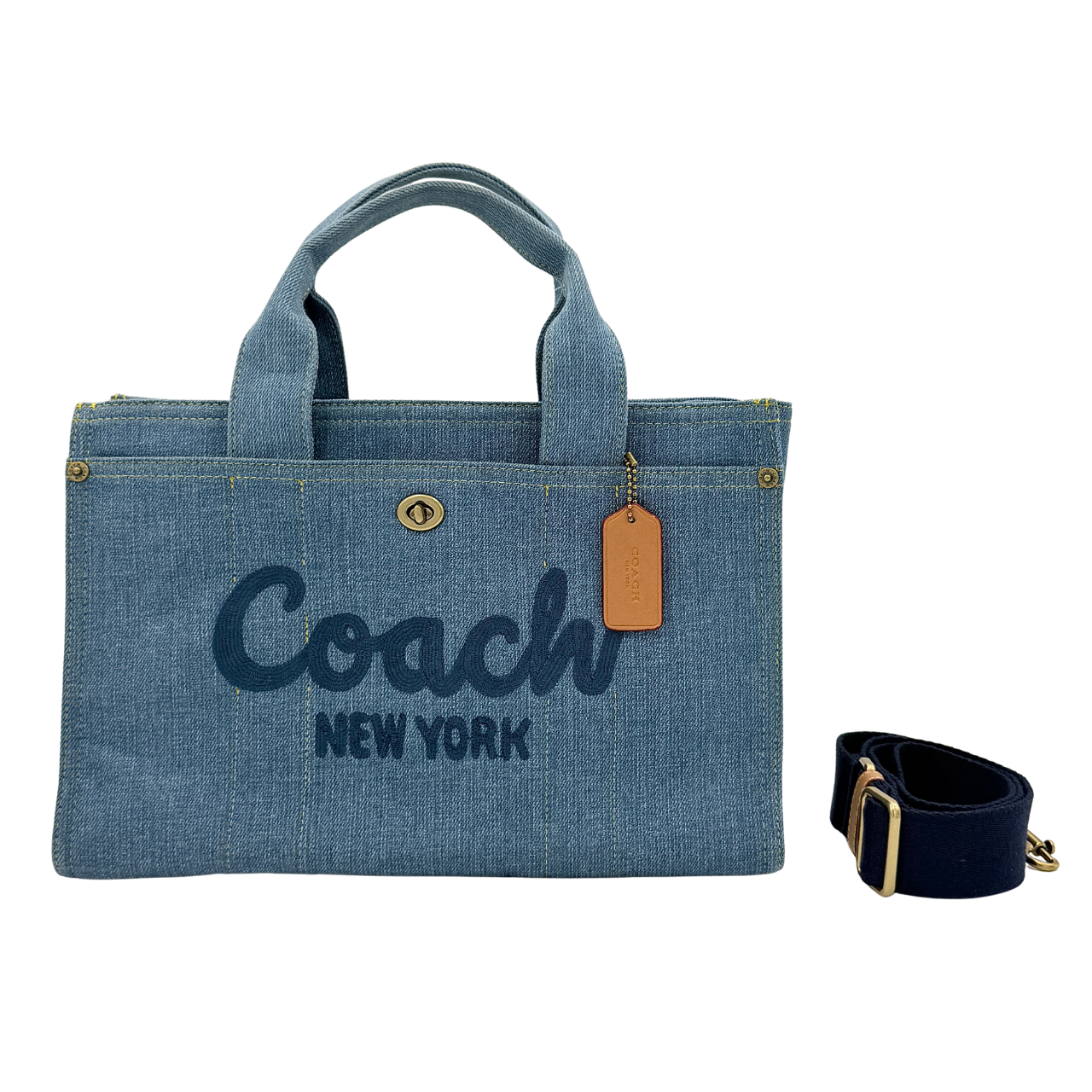 Coach denim 2Way Logo 20 Tote Bag in blue, embroidered with 'Coach New York', shown with detachable navy strap.