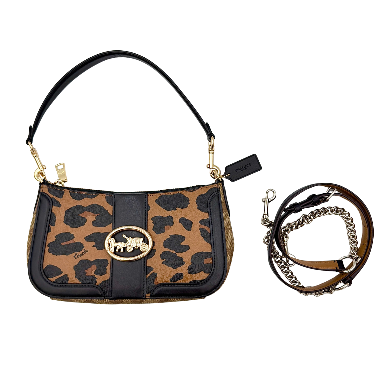 Coach Georgie Shoulder Bag in brown and black leopard print with gold horse and carriage medallion, displayed with its detachable chain and leather strap.