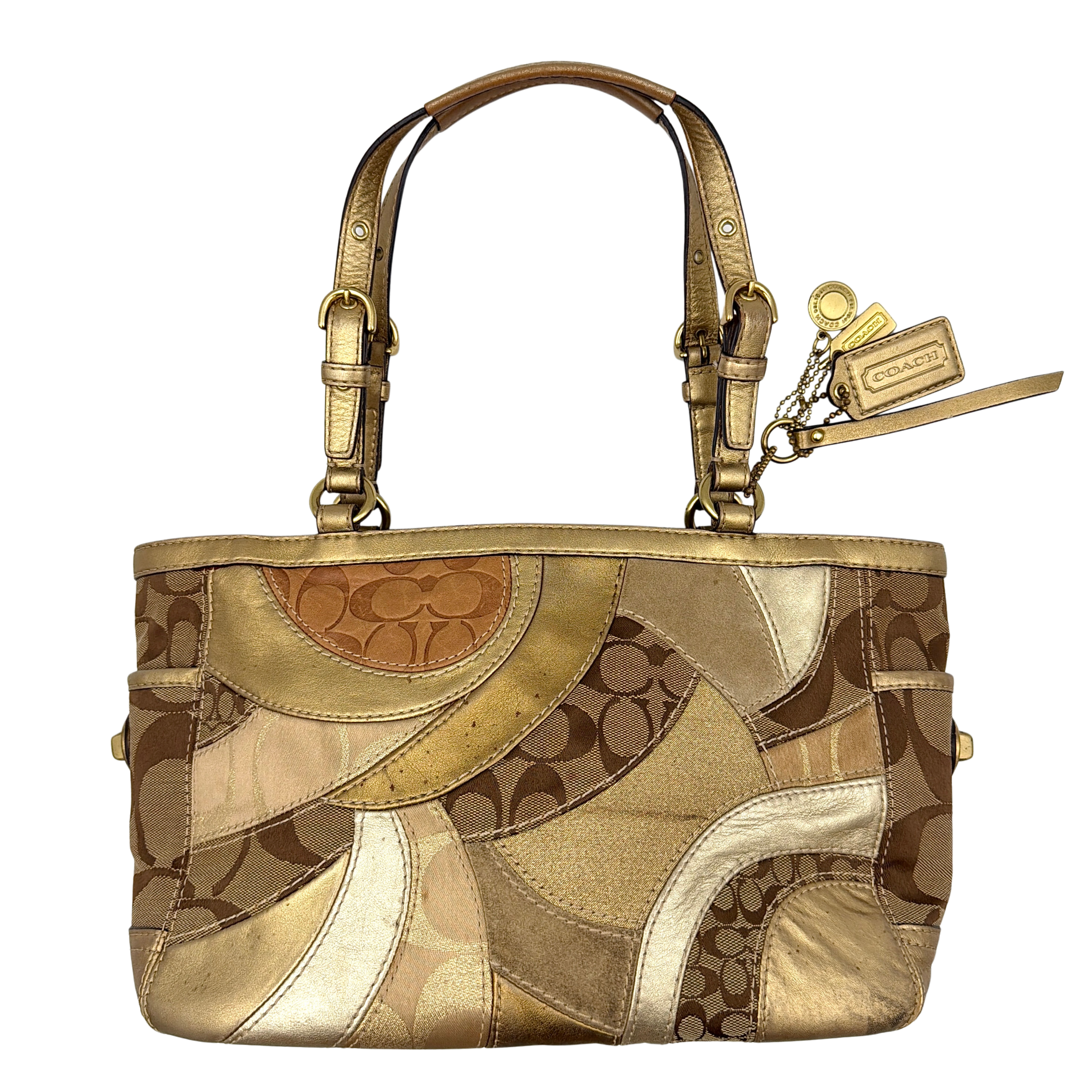 Coach Gallery Tote in mosaic patchwork jacquard and gold leather with signature charms and adjustable handles.