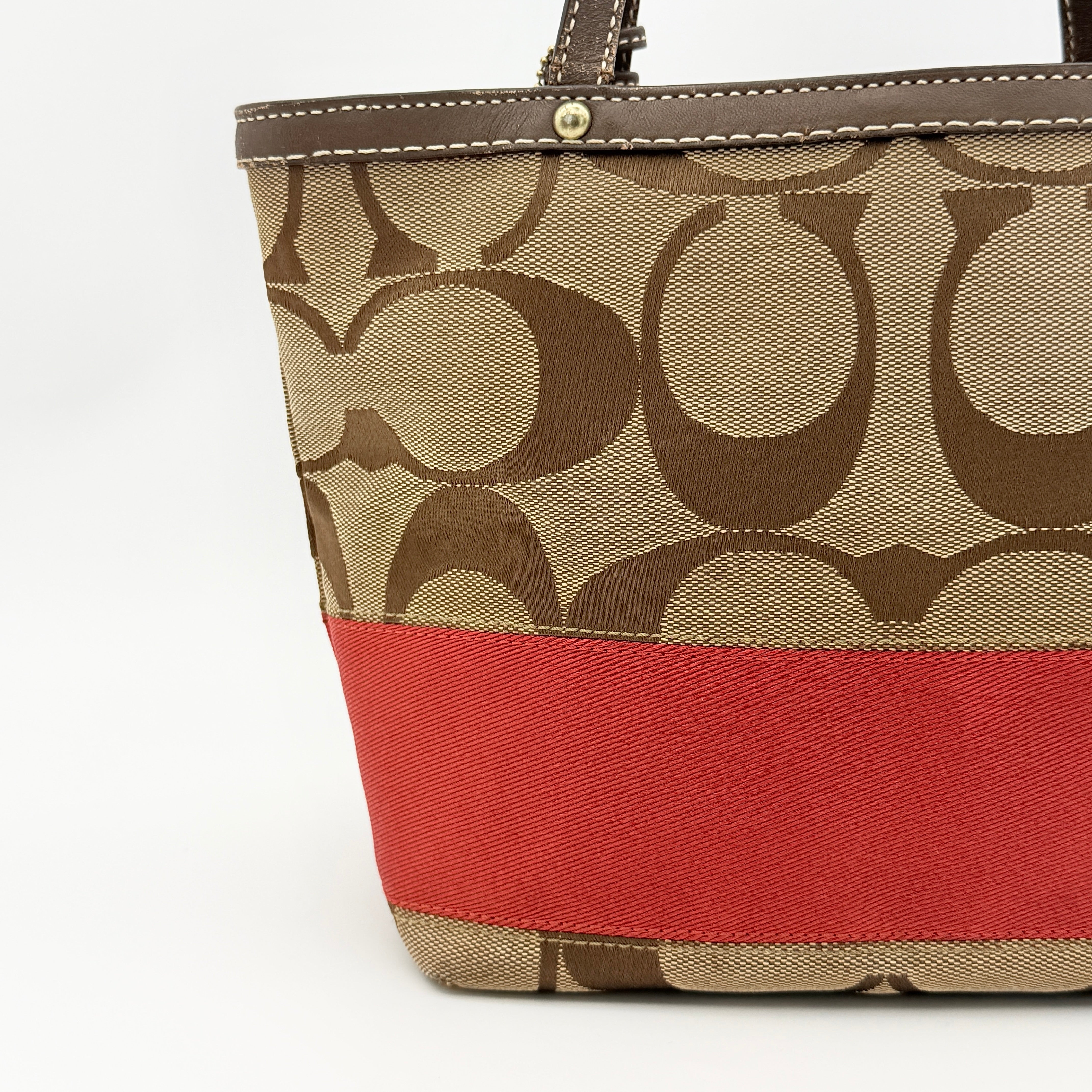 Coach Signature Stripe Tote Bag Beige/Red