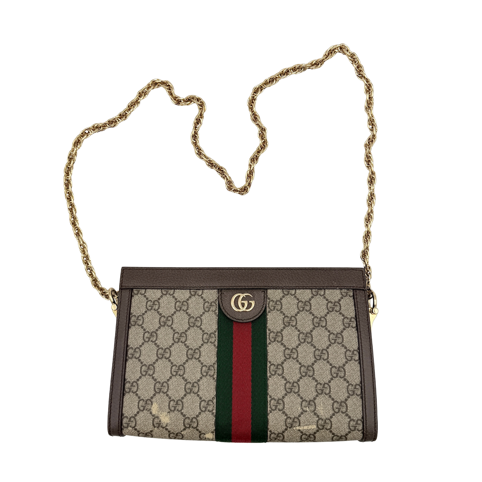 Gucci Ophidia GG Supreme crossbody bag in beige canvas with brown leather trim, signature web stripe, and gold chain strap.