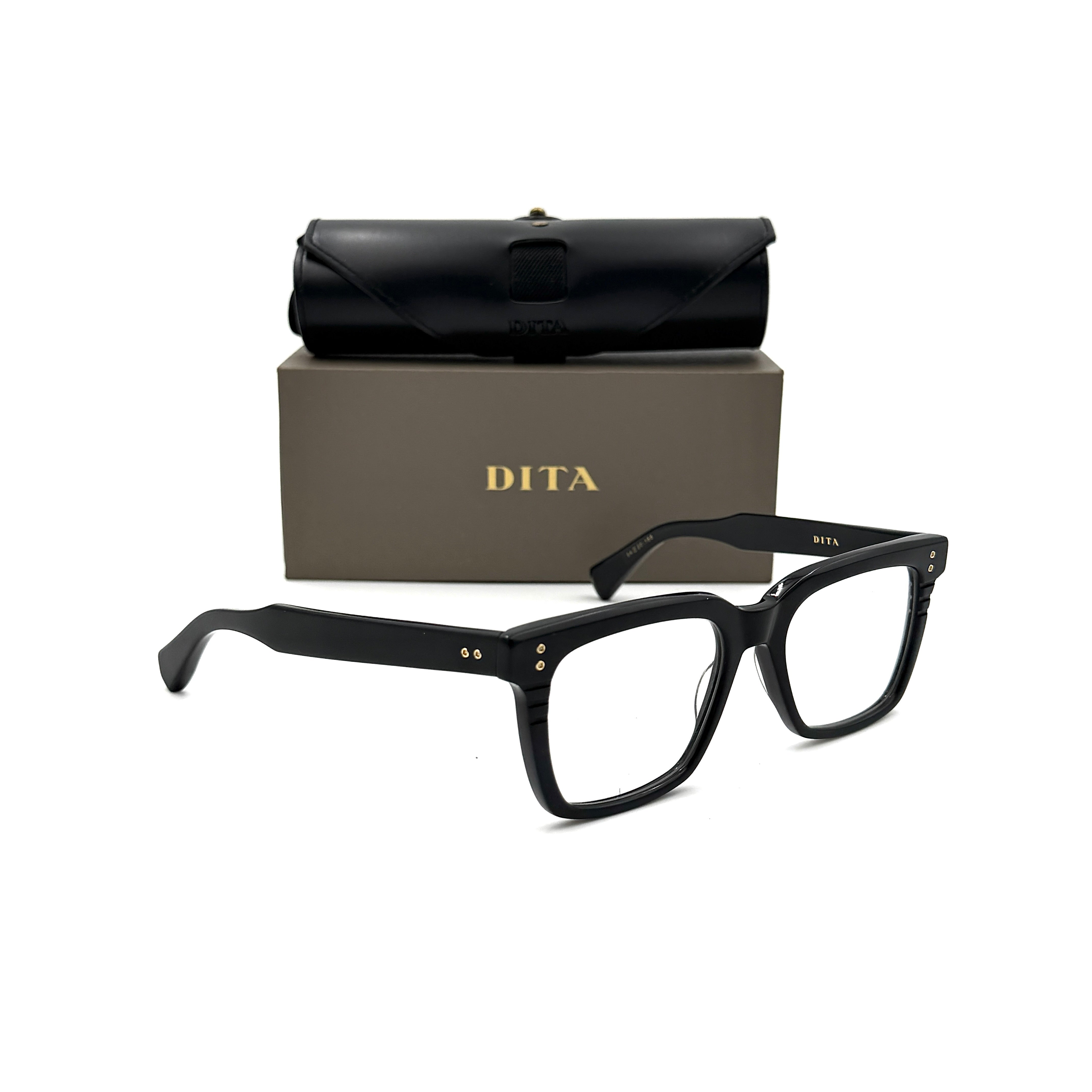 DITA Sequoia DRX-2086 black square-frame sunglasses with gold-tone accents and branded case.
