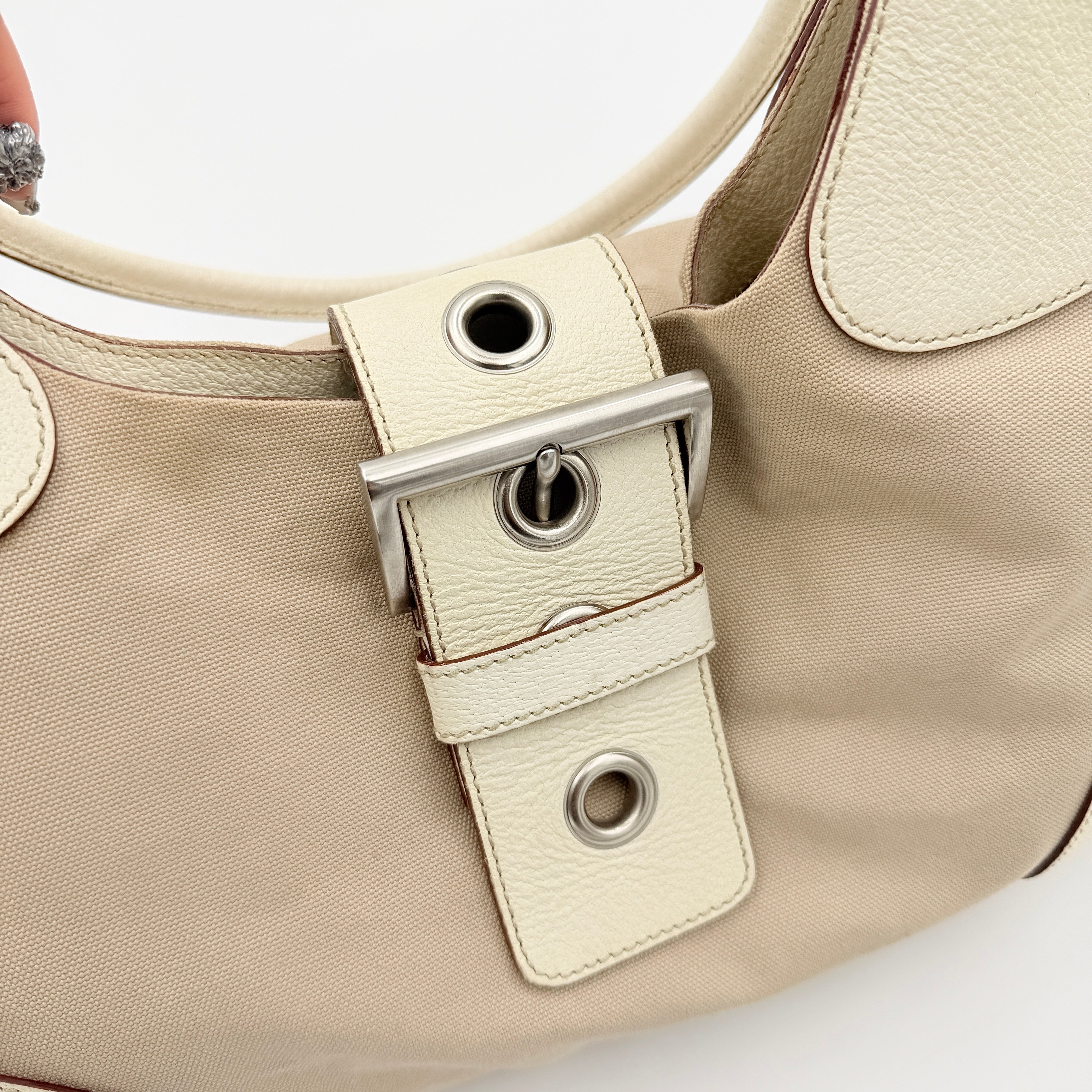 Prada Enamelled Moon Shoulder Bag Beige/Cream