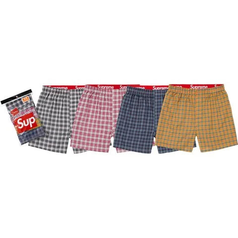 Supreme x Hanes multicolour plaid boxers 4 pack with original packaging, shown in four colours and iconic red Supreme waistband.