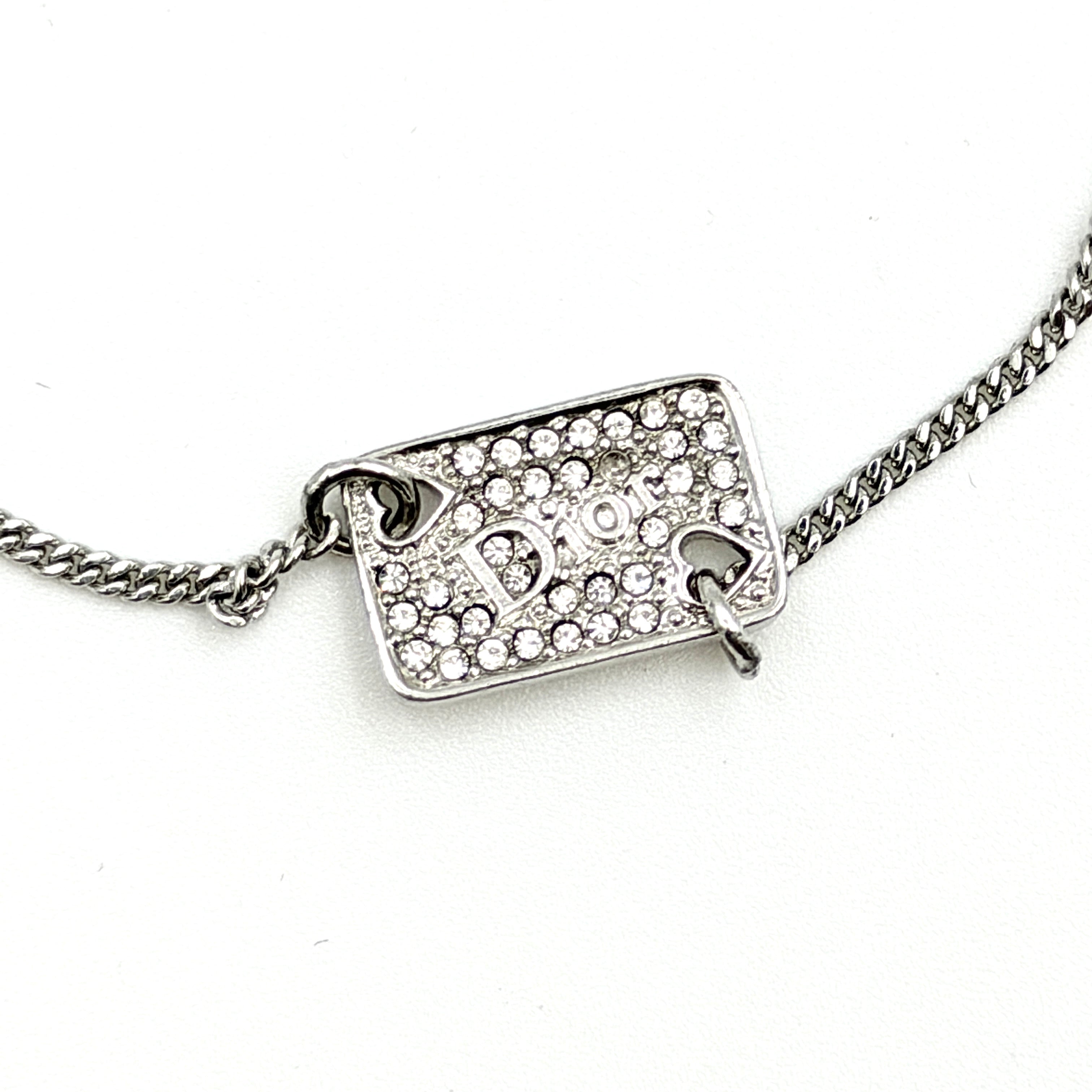 Dior Rhinestone Logo Plate Bracelet Silver