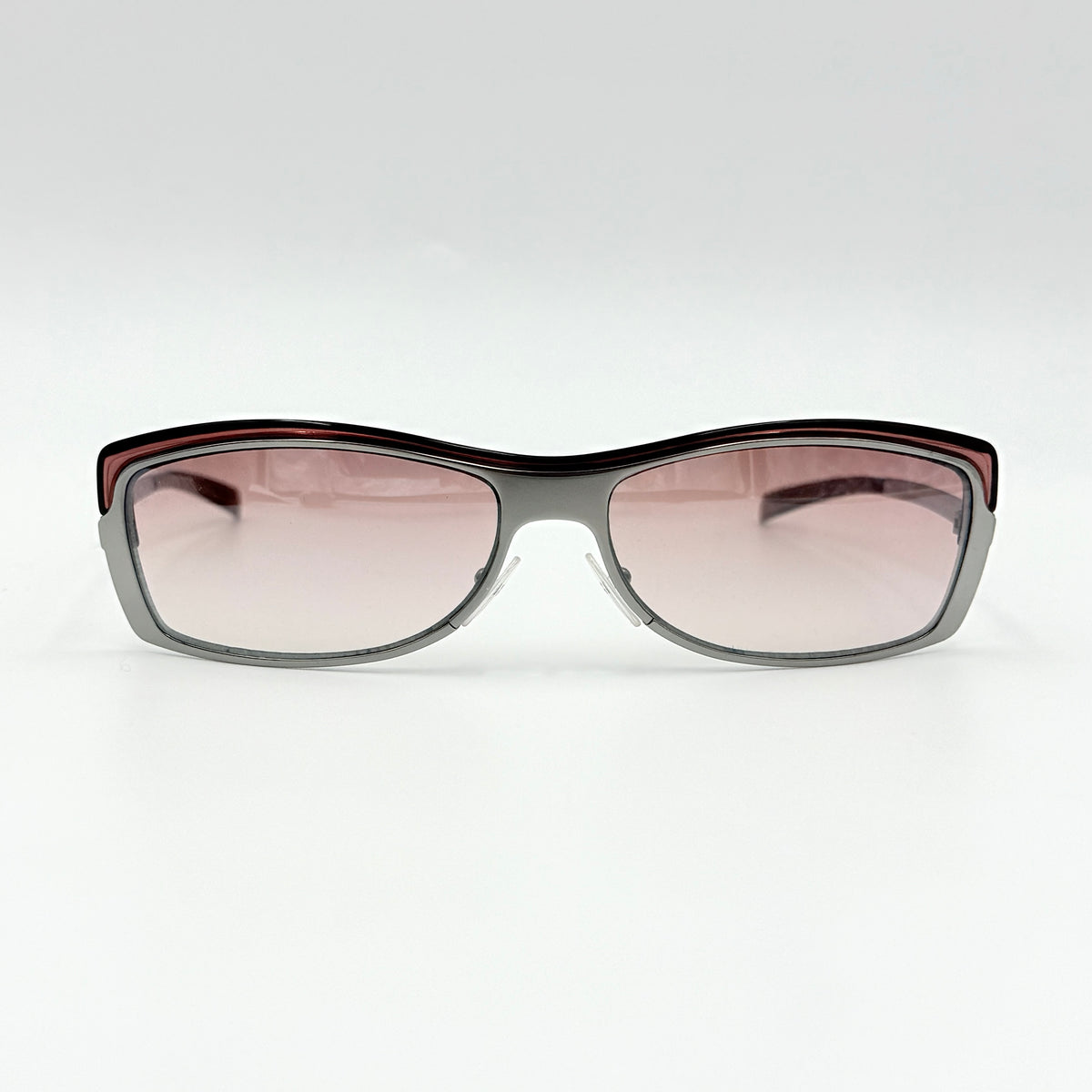Gucci GG2689/S rectangle sunglasses in silver with pink gradient lenses, shown with case and cloth.