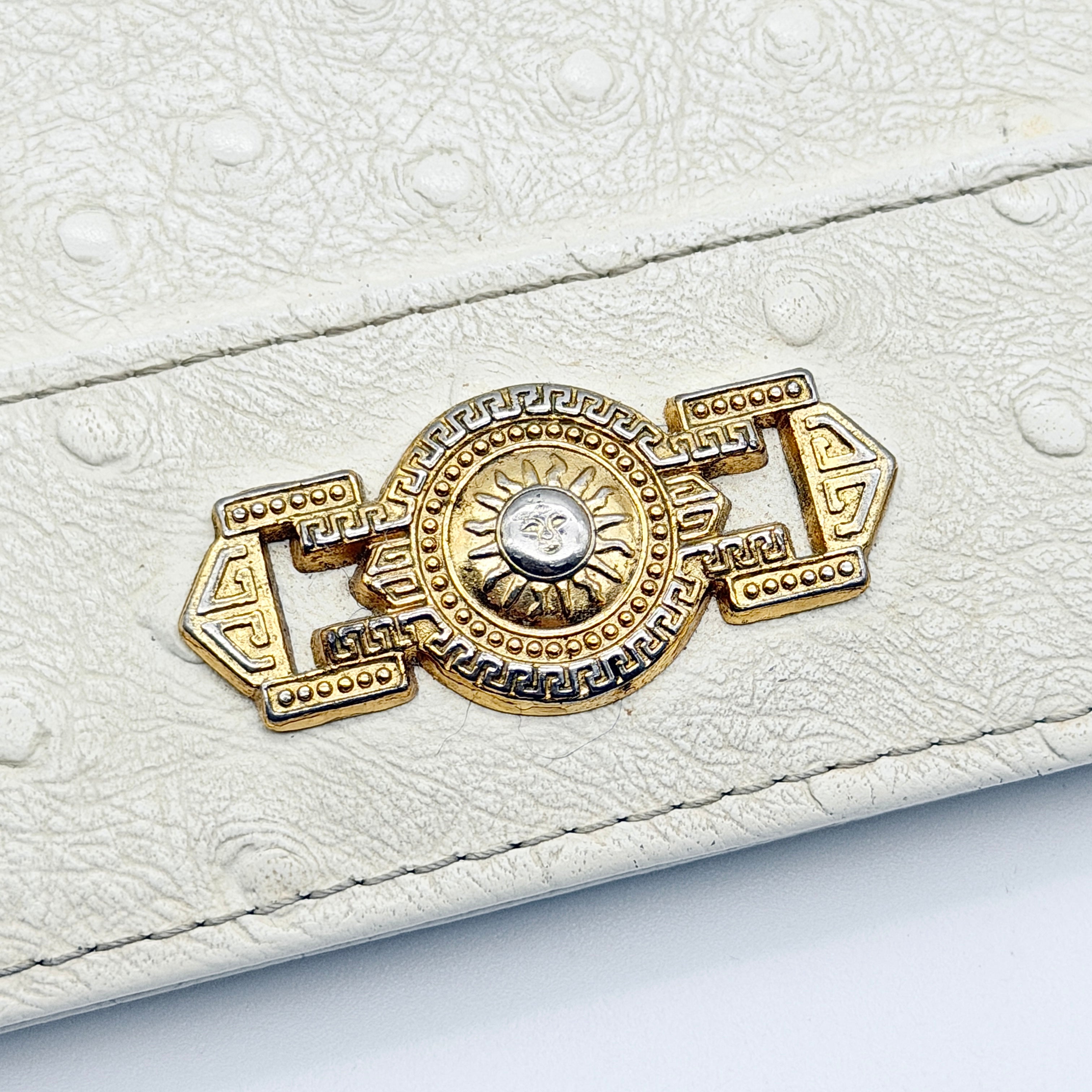 Versace Ostrich Leather Sunburst Medallion Card Case Cream/Gold