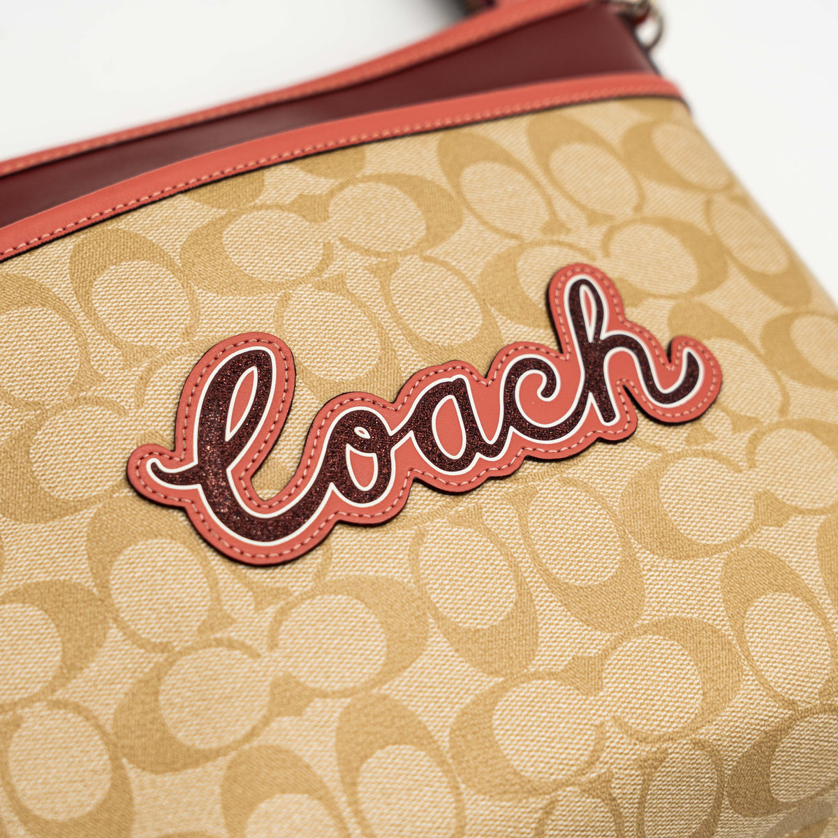 Coach Signature Script File Crossbody Bag Beige/Burgundy