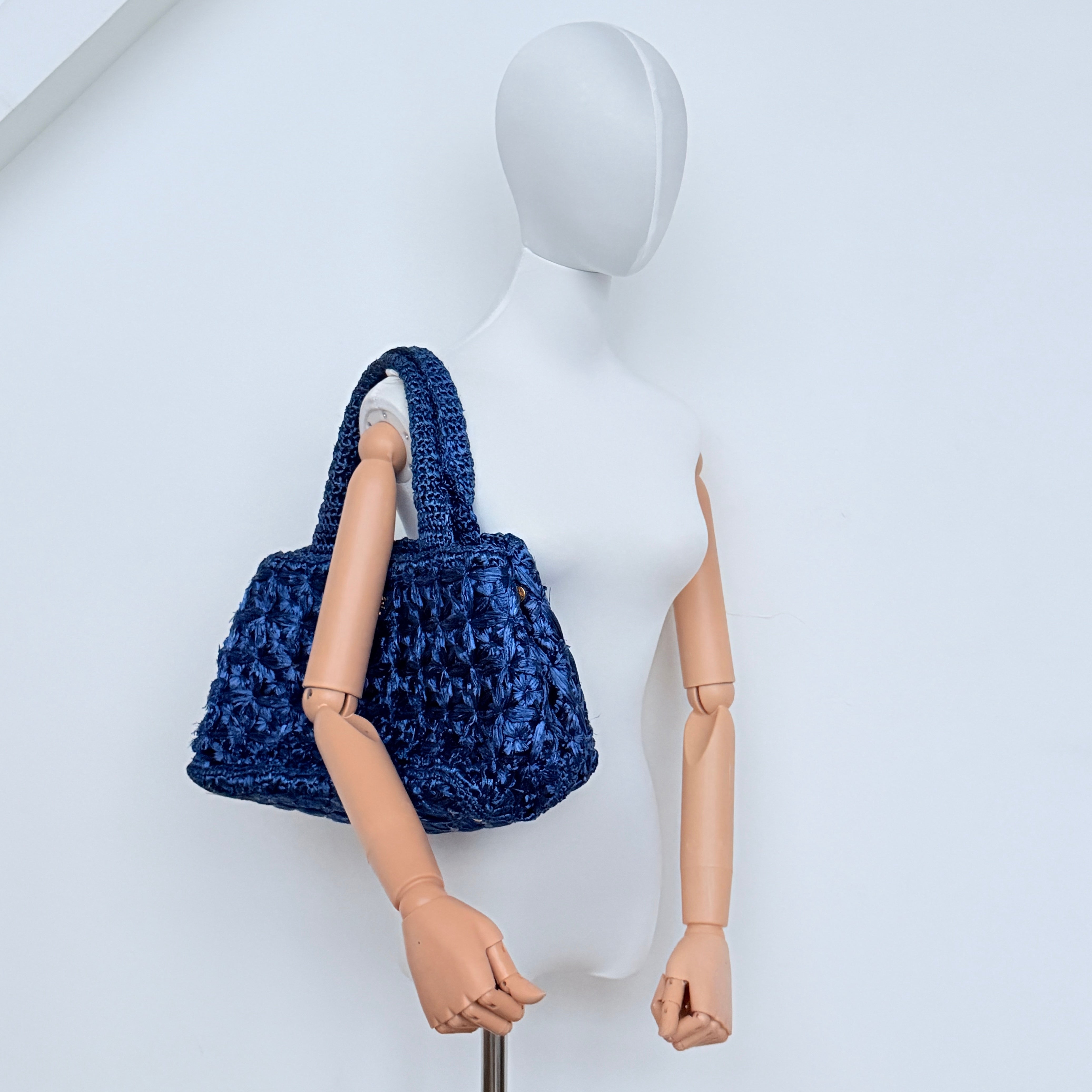 Prada Canapa Crochet Raffia Tote Bag Blue