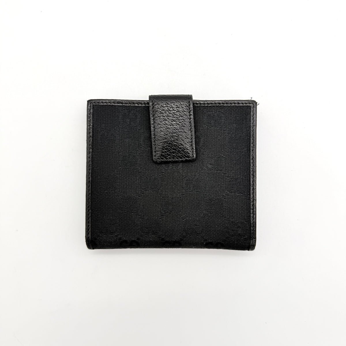 Gucci black GG Monogram French Flap Wallet with silver-tone bar hardware and original box.