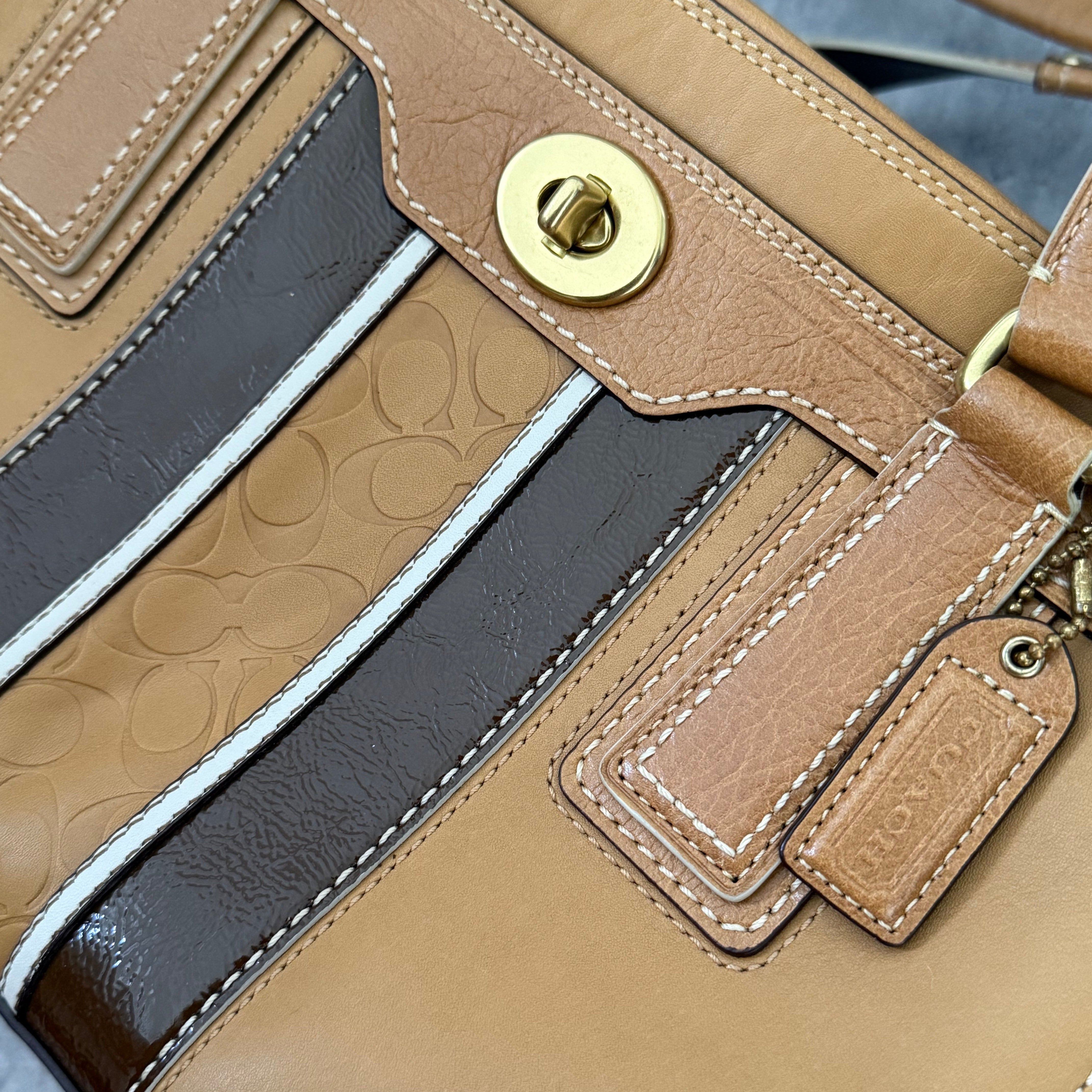Coach Hampton Vintage Brown Beige Tan Handbag, crafted in leather with embossed signature panel, patent leather stripes, gold-tone hardware, and dual shoulder straps.