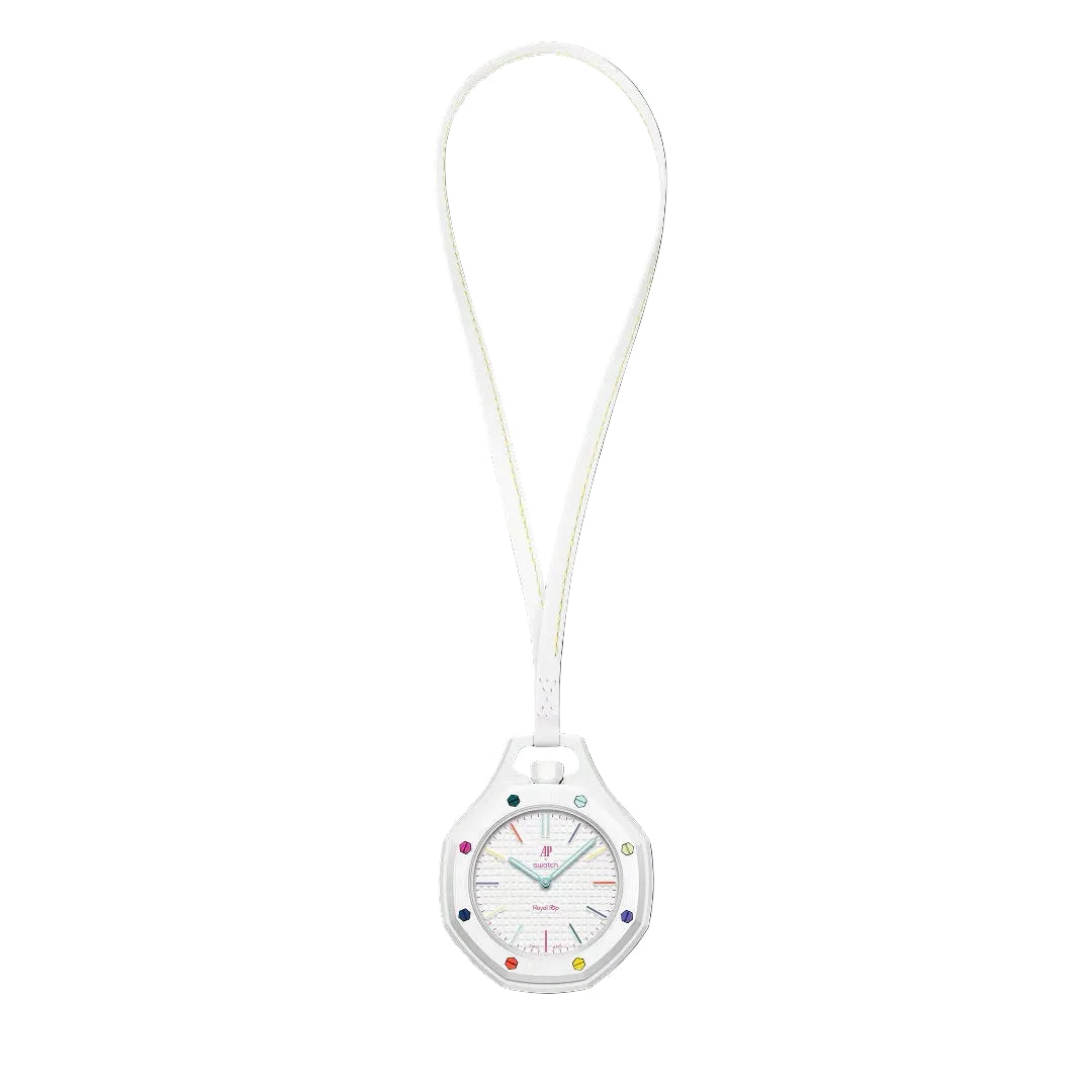 Swatch x Audemars Piguet Royal Pop Huit Blanc in white with colourful details, shown on a long strap with unique dial design.