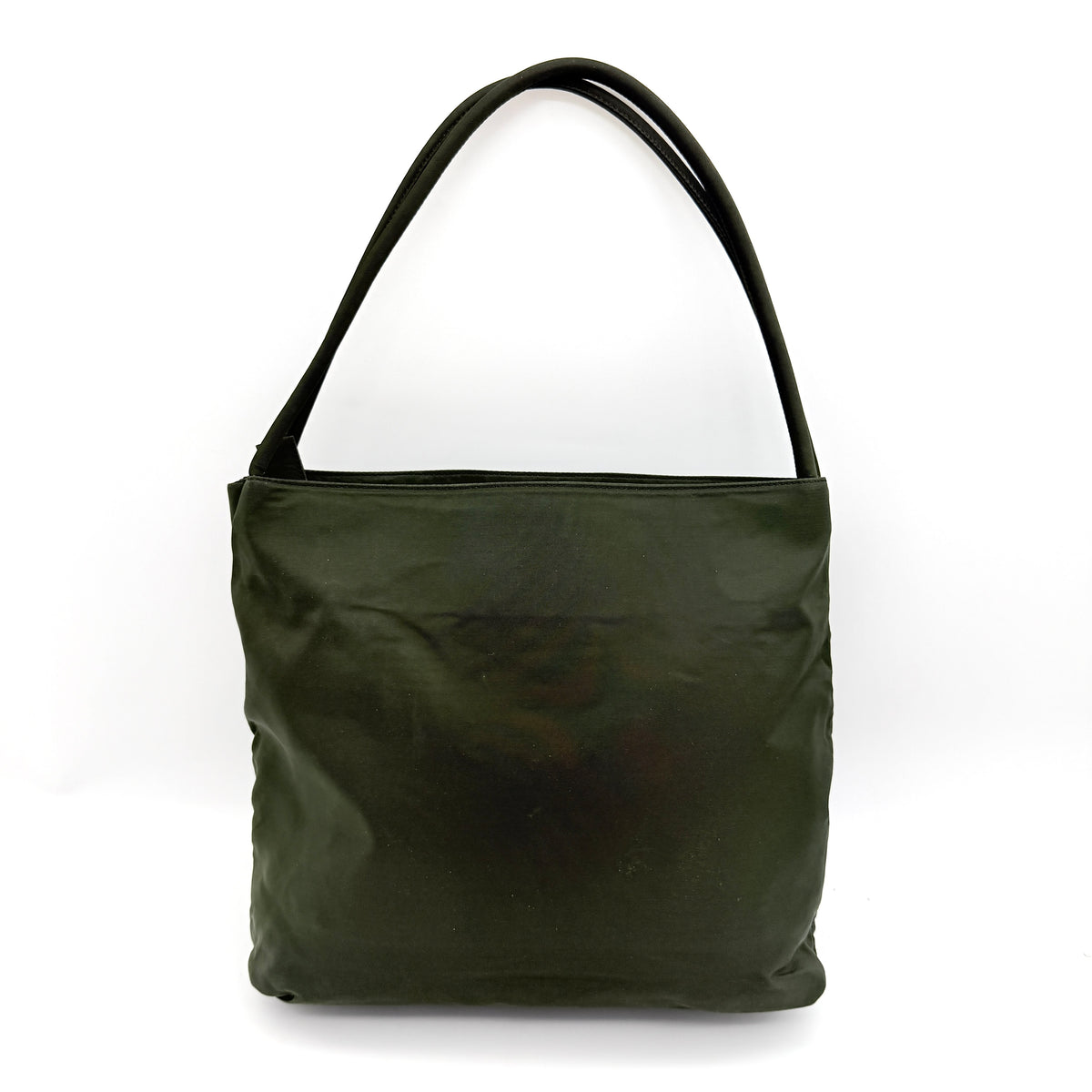 Prada Tessuto Nylon City Tote Bag in dark green nylon with double handles and signature triangle logo plaque on the front.