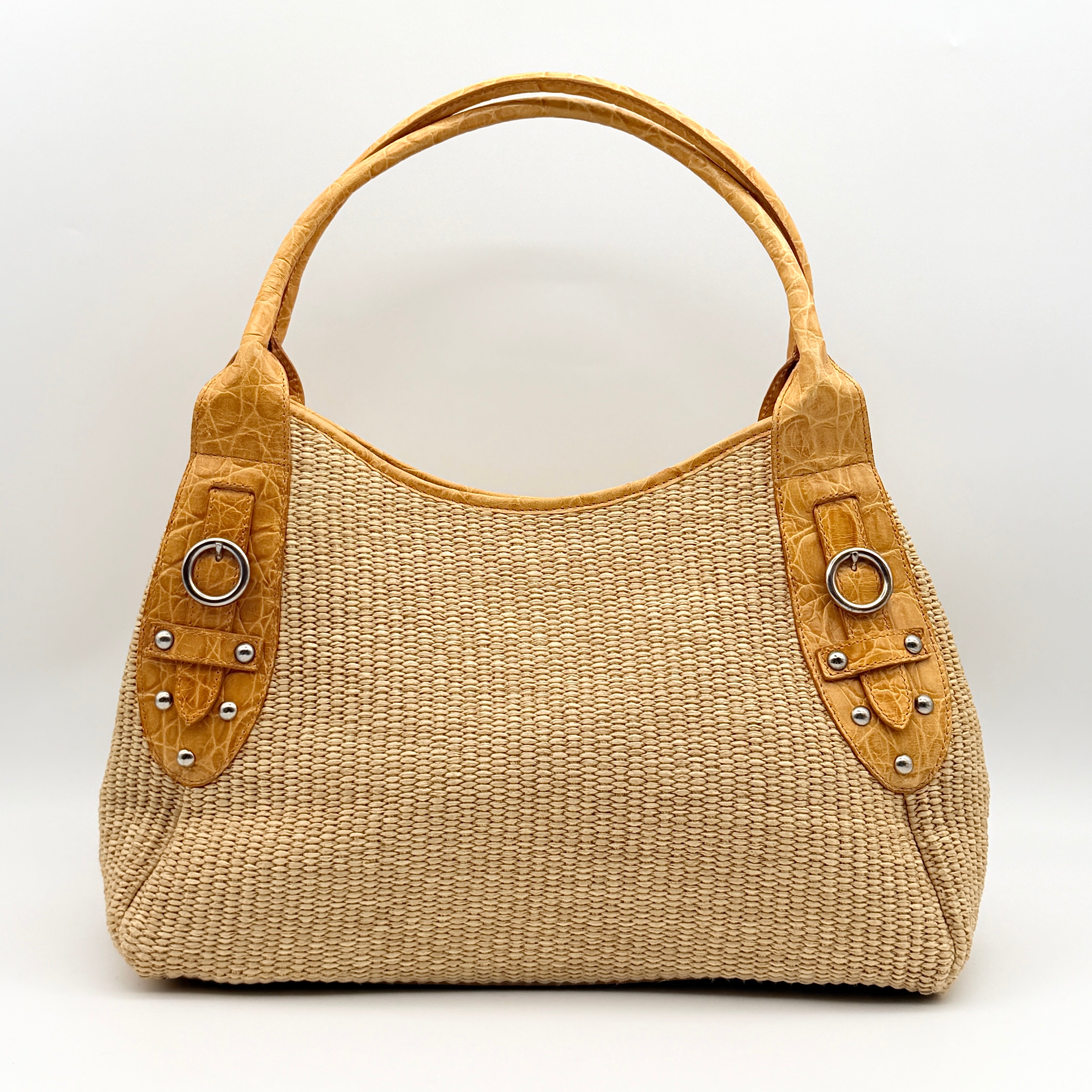 Furla Raffia Leather Tote Bag Tan
